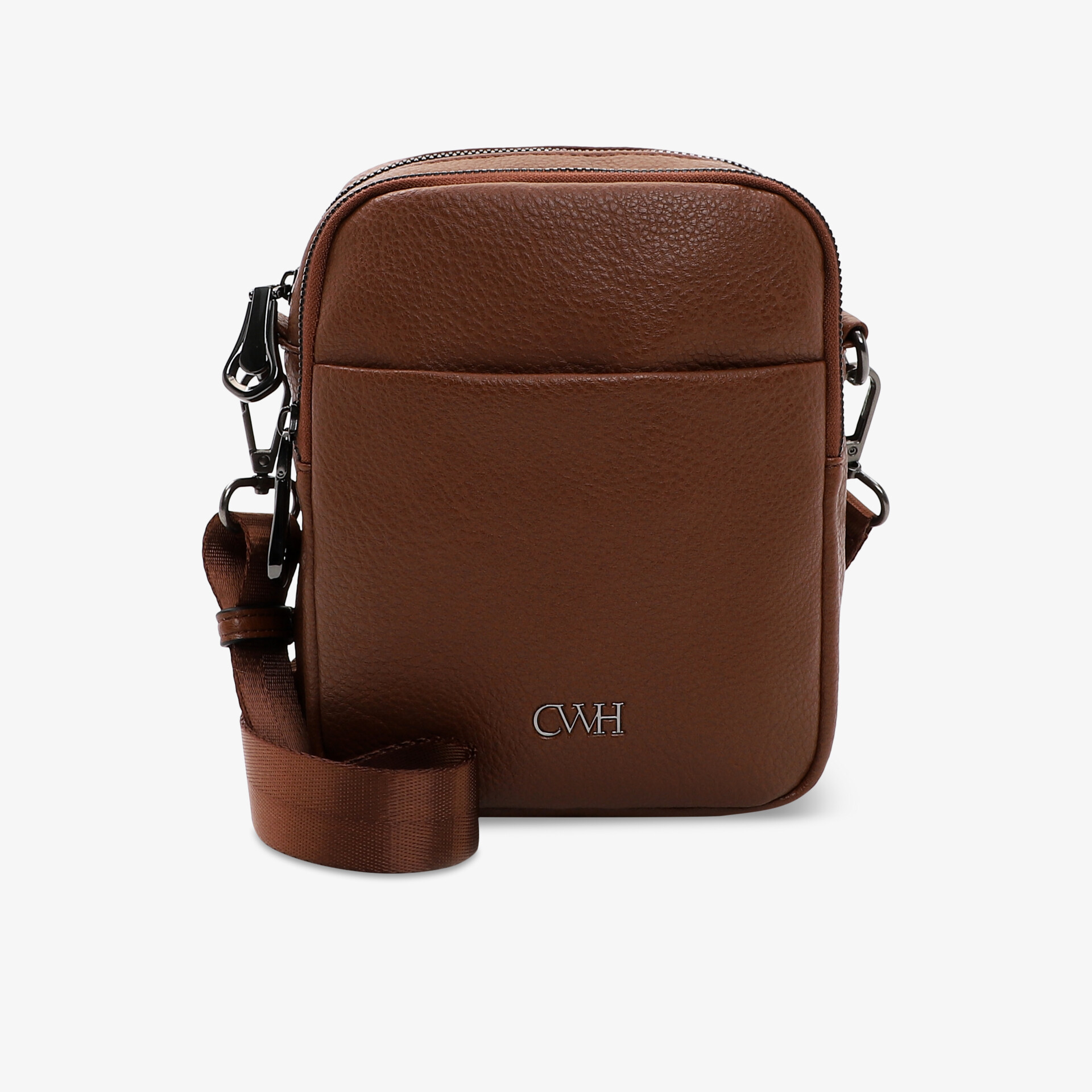 Komfortable braune Ledertasche mit praktischem Reißverschlussfach und verstellbarem Schulterriemen in eleganter Frontansicht