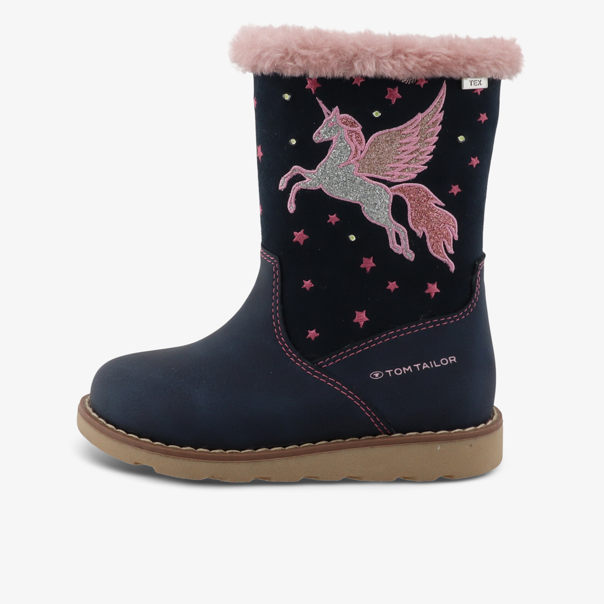 Warmer dunkelblauer Winterstiefel mit pinkem Einhorn-Motiv und kuscheligem Fellrand, ideal für kalte Tage