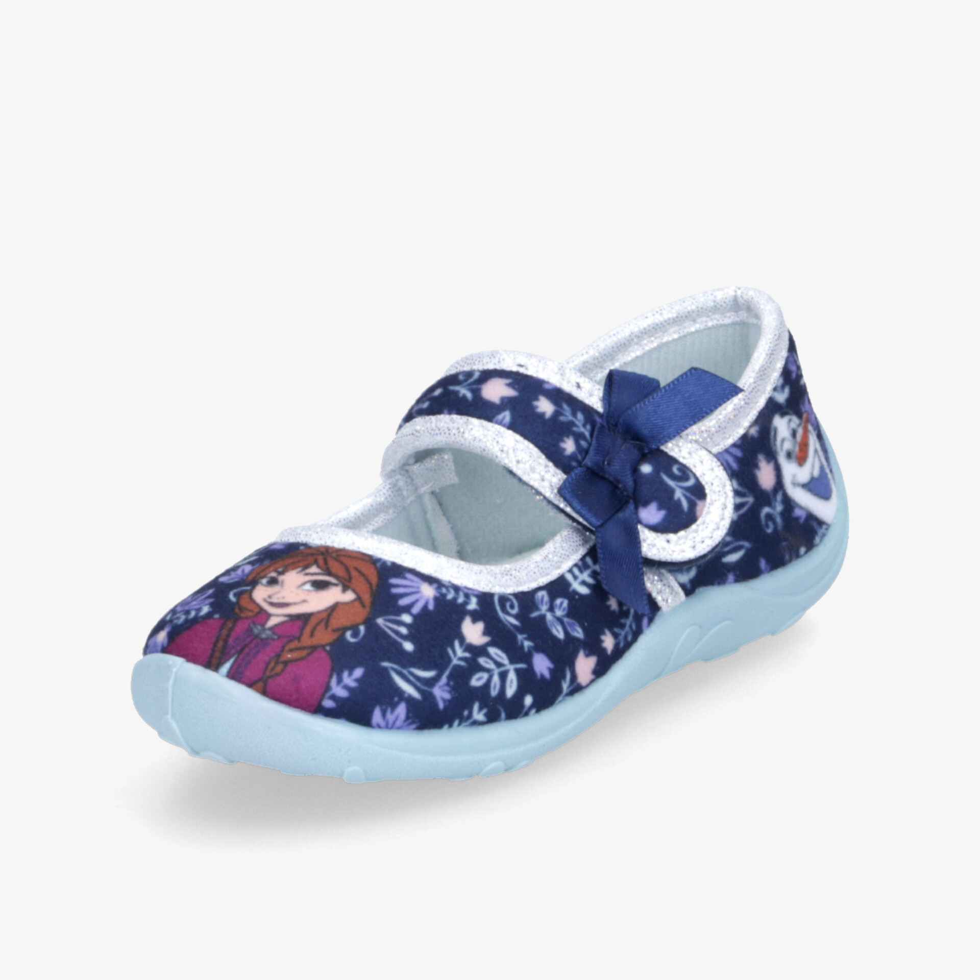 Kinderhalbschuh mit verstellbarem Klettverschluss, weichem Material und rutschfester Sohle in Blau mit floralem Muster