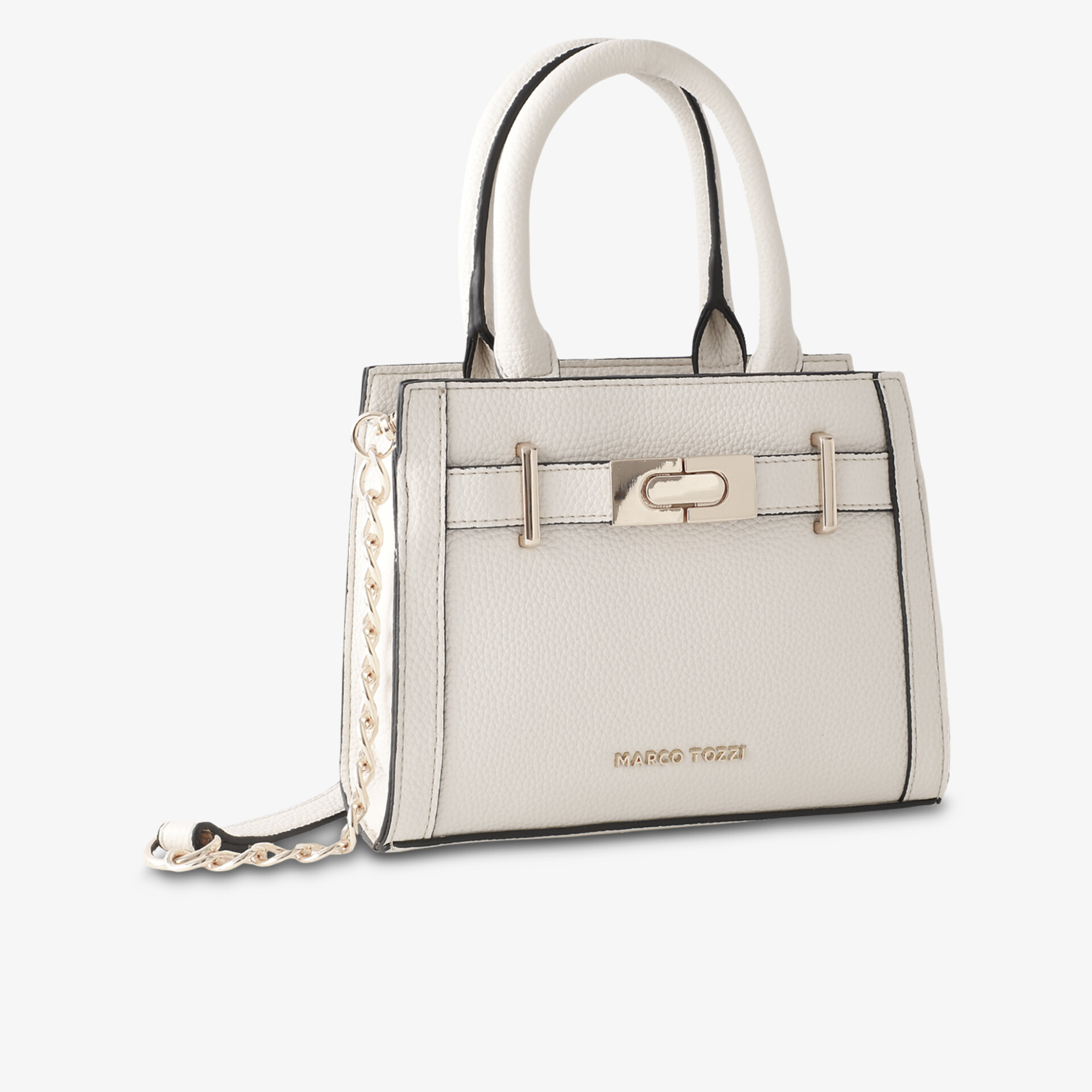 Elegante cremeweiße kompakte Handtasche mit praktischen Tragegriffen und dezenter Metallapplikation