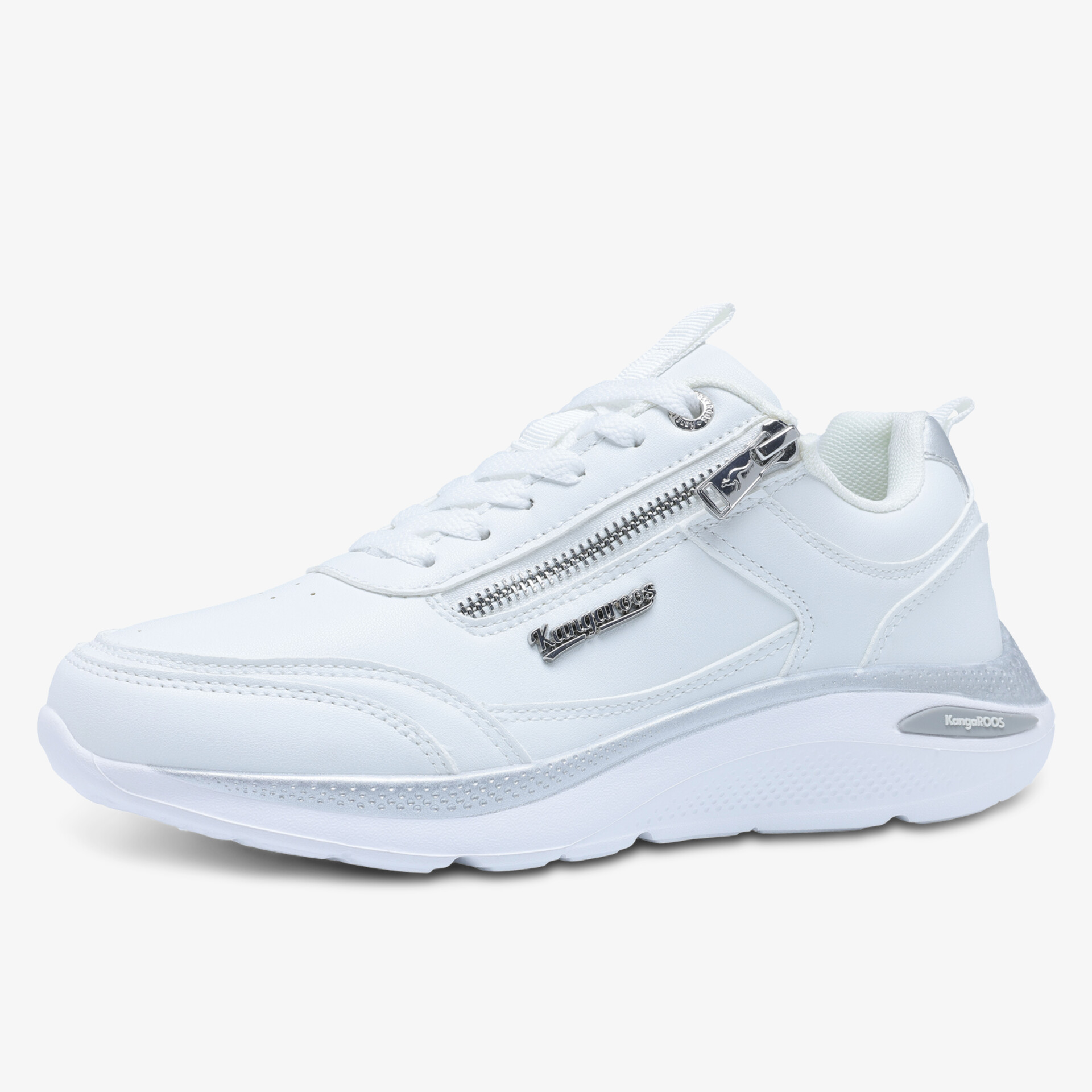 Moderner weißer Sneaker mit praktischen Reißverschluss-Detail und komfortabler, dämpfender Sohle