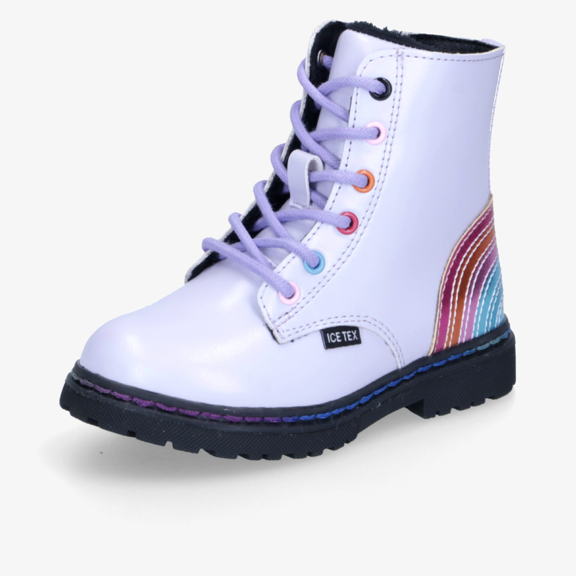 Lila Kinderstiefel mit langlebiger gummierter Sohle und farbenfrohem Regenbogenmotiv, robust und modisch