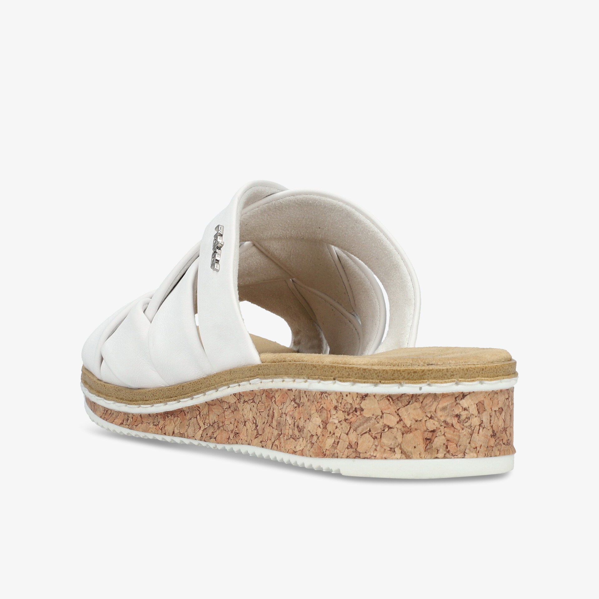 Weiße Pantolette mit bequemer Korksohle und offenem Design, seitliche Ansicht, ideal für komfortables Tragen