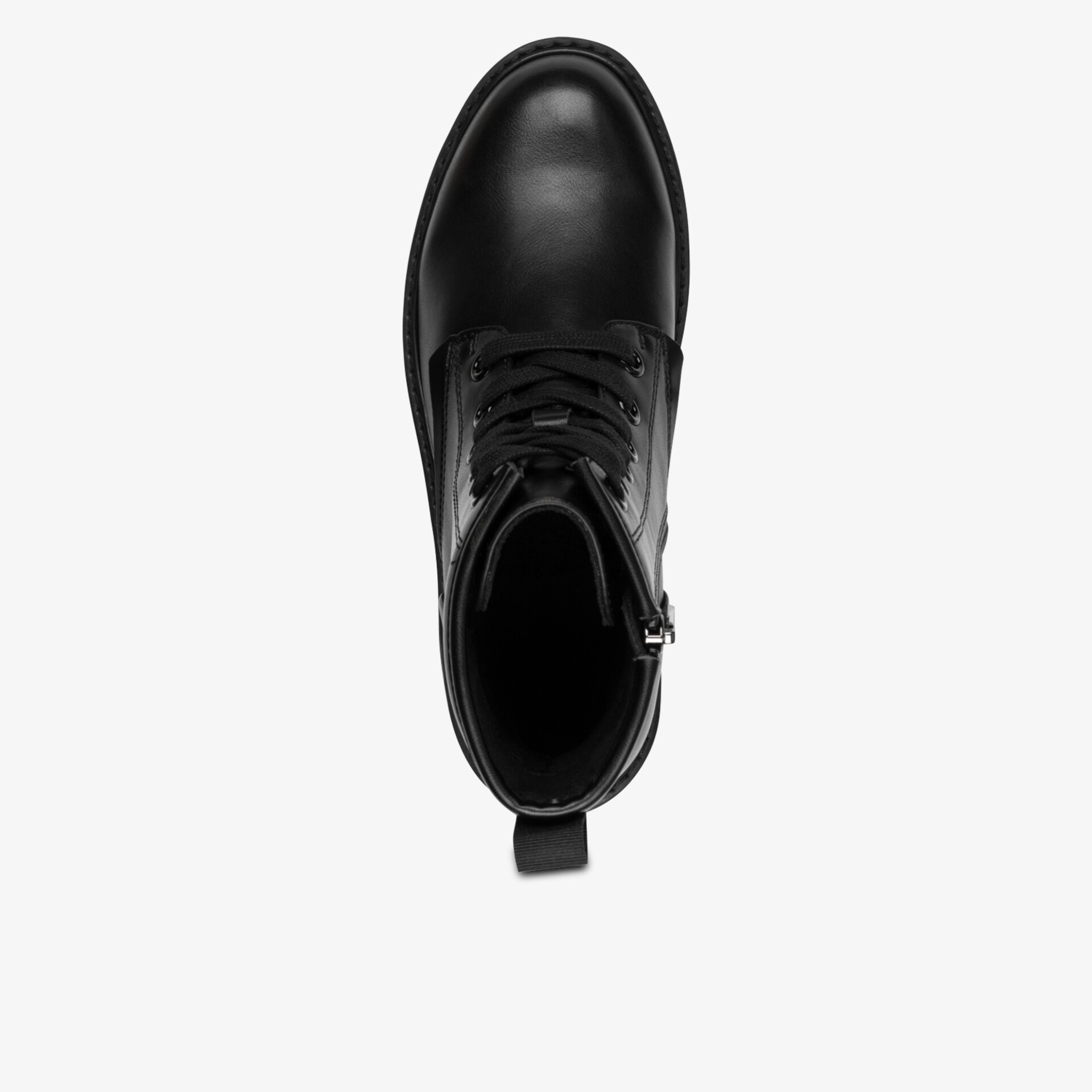 Robuster schwarzer Stiefel mit Schnürung und hochwertiger Verarbeitung in Draufsicht