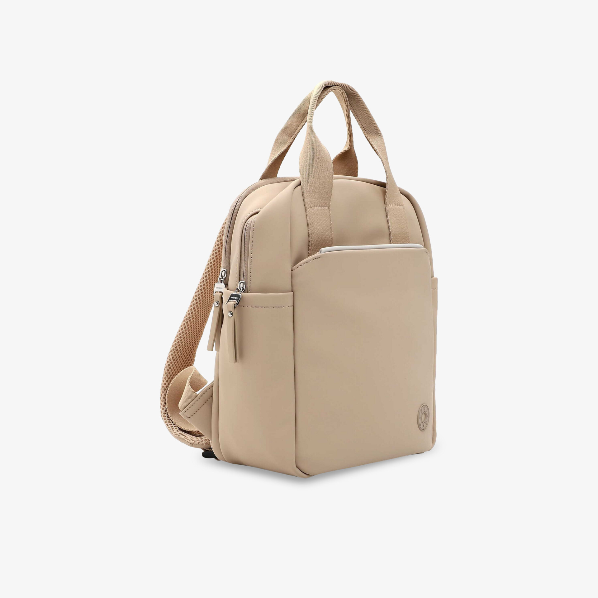 Beiger Rucksack mit mehreren Fächern und robusten Reißverschlüssen, bequem zu tragen, modernes und funktionales Design