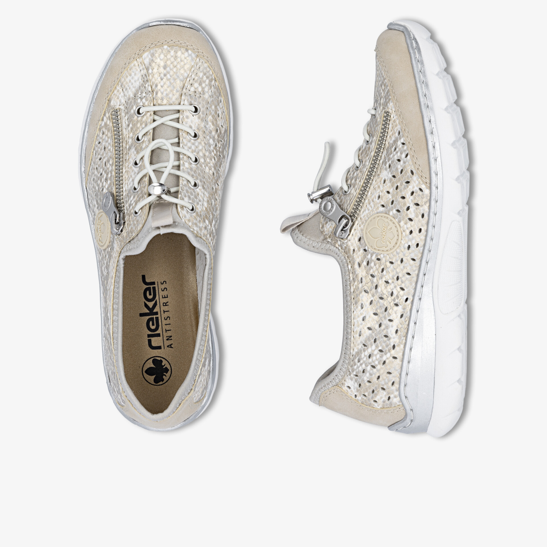 Leichter beiger Schuh mit atmungsaktivem perforiertem Design und flexibler weißer Sohle, bequem und modisch