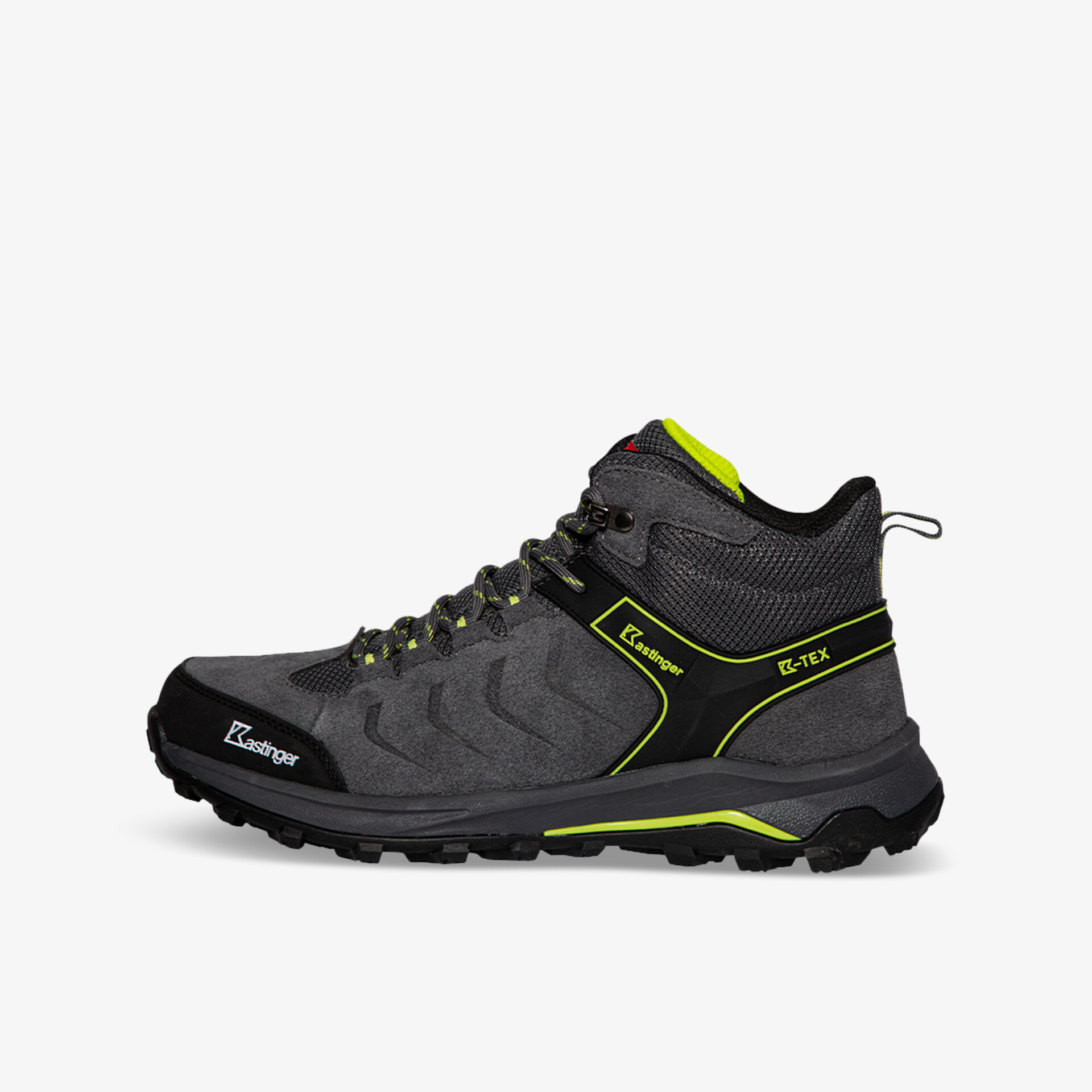 Wanderschuh in Grau mit neongrünen Akzenten, robust und bequem für anspruchsvolle Outdoor-Abenteuer.