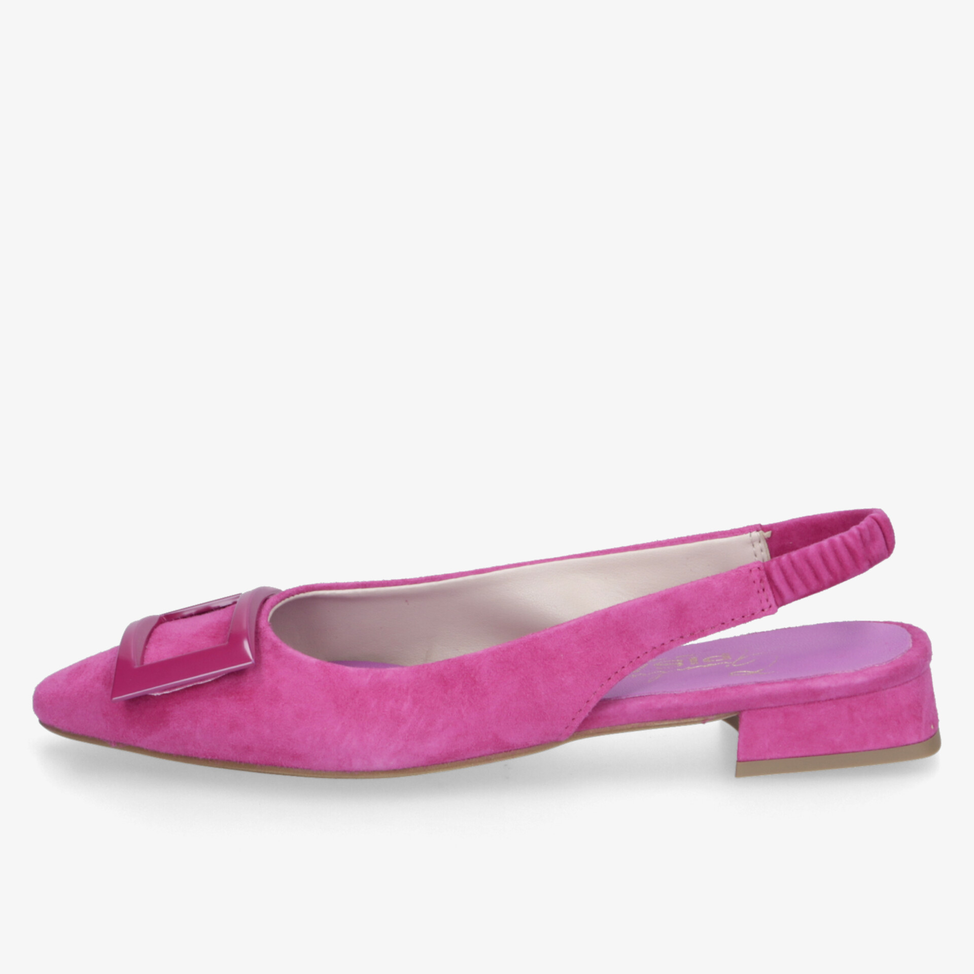Eleganter pinker Slingback-Schuh aus Samt mit eckiger Schnalle, flacher Absatz und bequemem Design