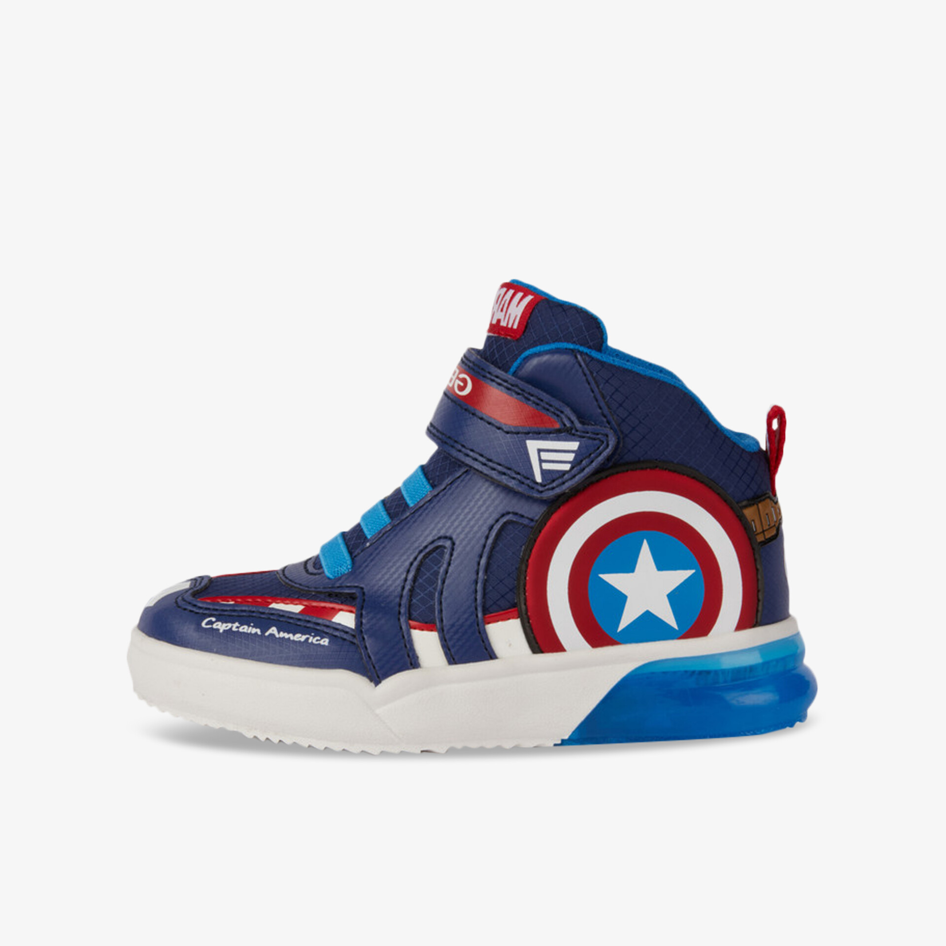 Stylischer Comic-Sneaker in Blau und Rot mit komfortablem Klettverschluss und auffälligem Design.