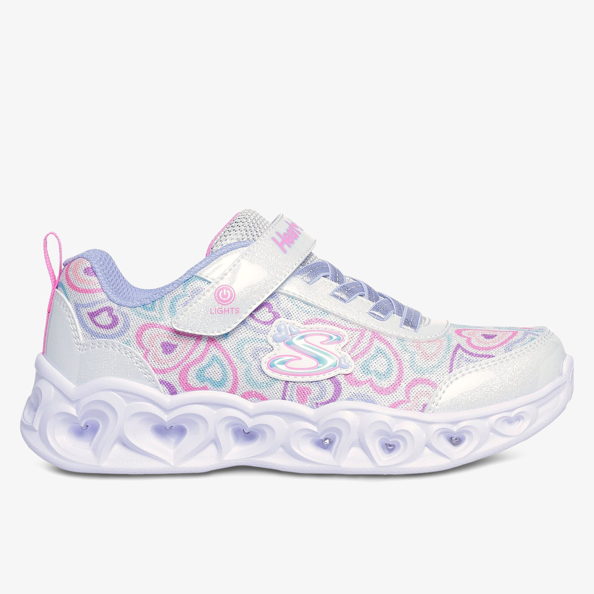 Farbenfroher Sneaker mit Herzmuster, Klettverschluss und leuchtenden Details.