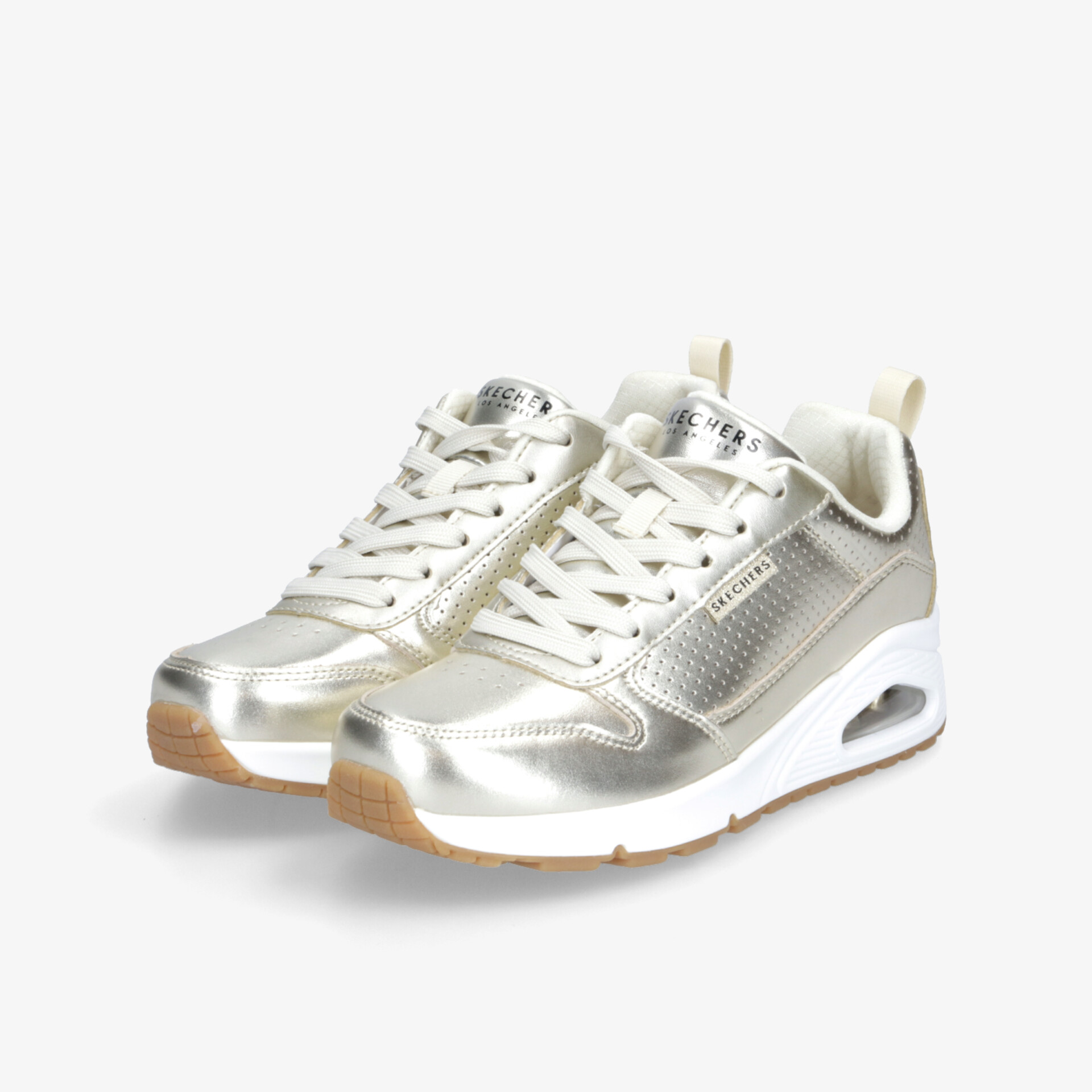 Sportliche weiße Sneaker mit metallic Akzenten, gepolstertem Komfort und rutschfester Sohle, modernes Design