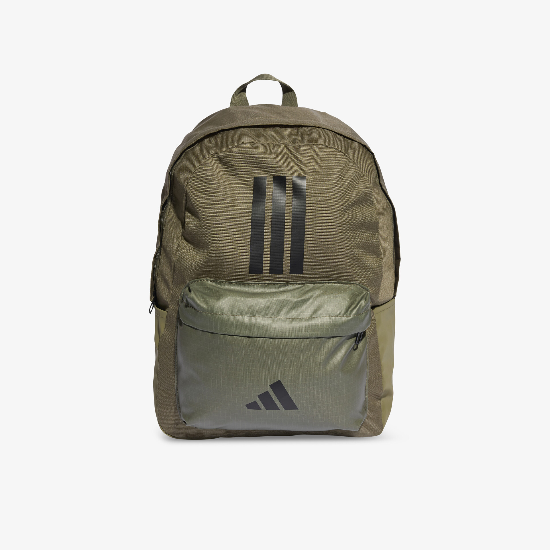 Robuster olivefarbener Rucksack mit großem Stauraum, Fronttasche und bequemem Tragegriff in Frontansicht