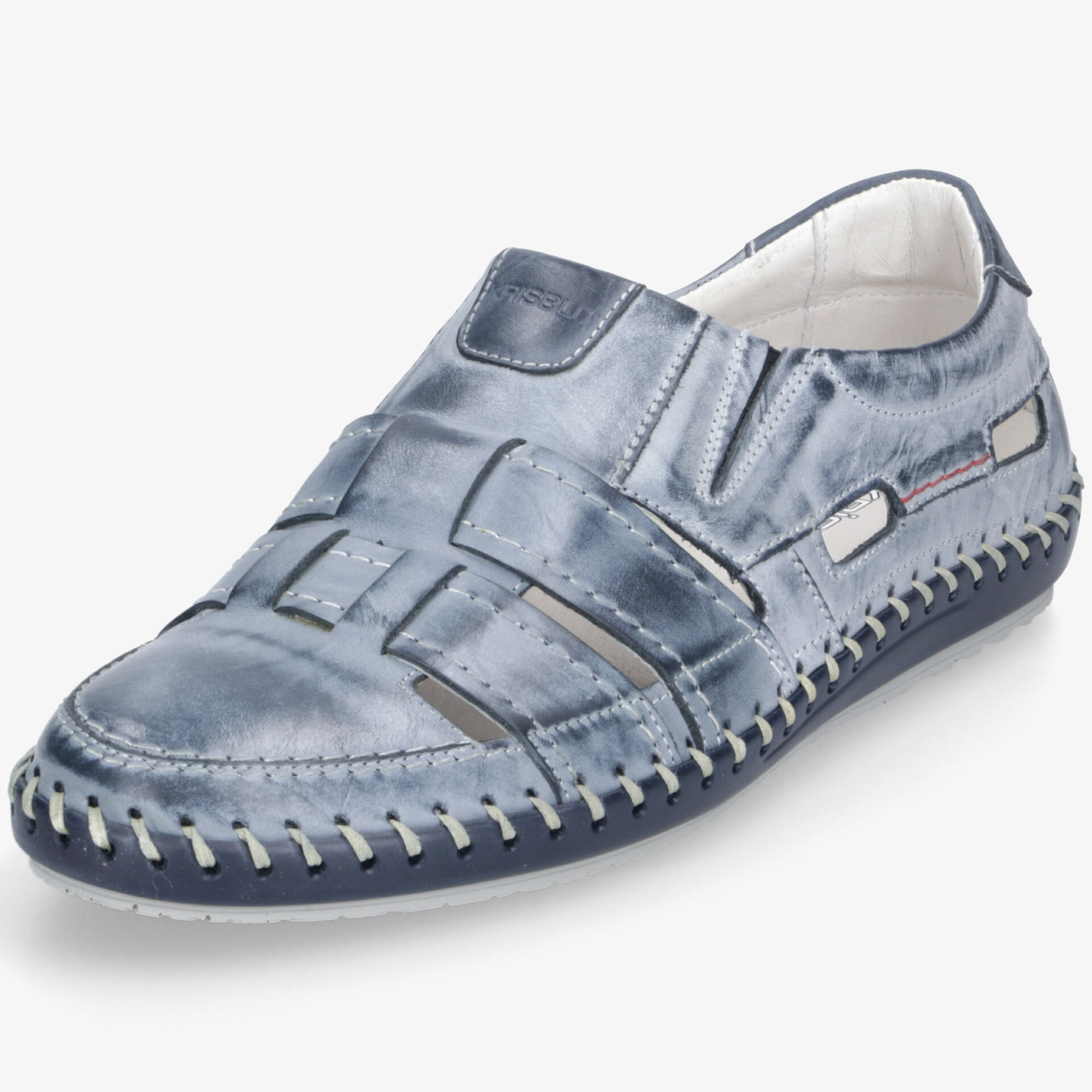 Blauer, atmungsaktiver und weicher Schuh mit geschlossener Zehenpartie und flexibler Sohle, handgenäht