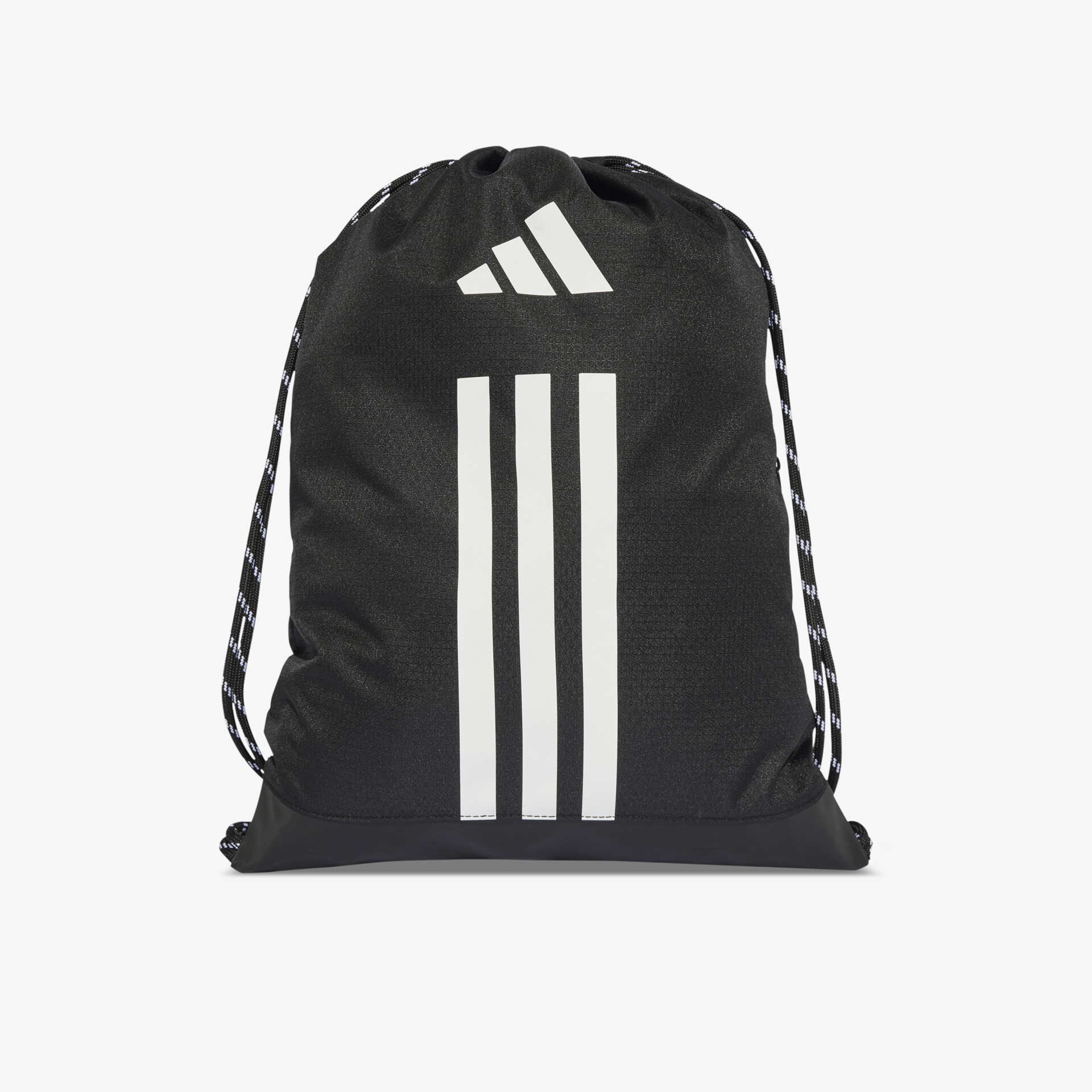 Sportlicher schwarzer Turnbeutel mit weißen drei Streifen und verstellbaren Trägern, leicht und praktisch