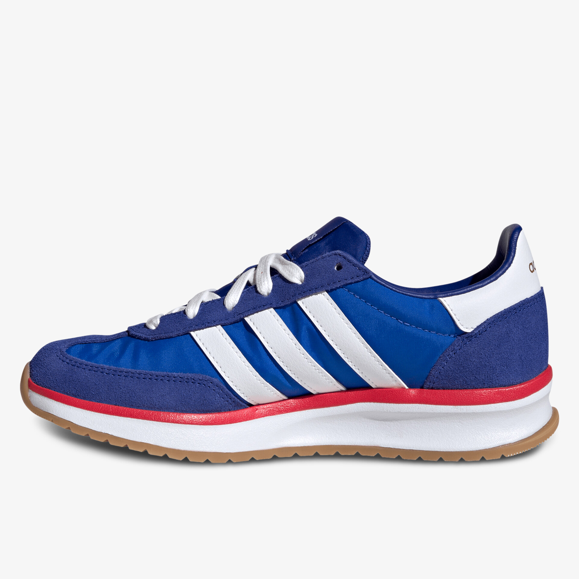 Seitlich sichtbarer blauer Sportschuh mit weißen Streifen, leichter Sneaker mit bequemer Passform und weicher Sohle