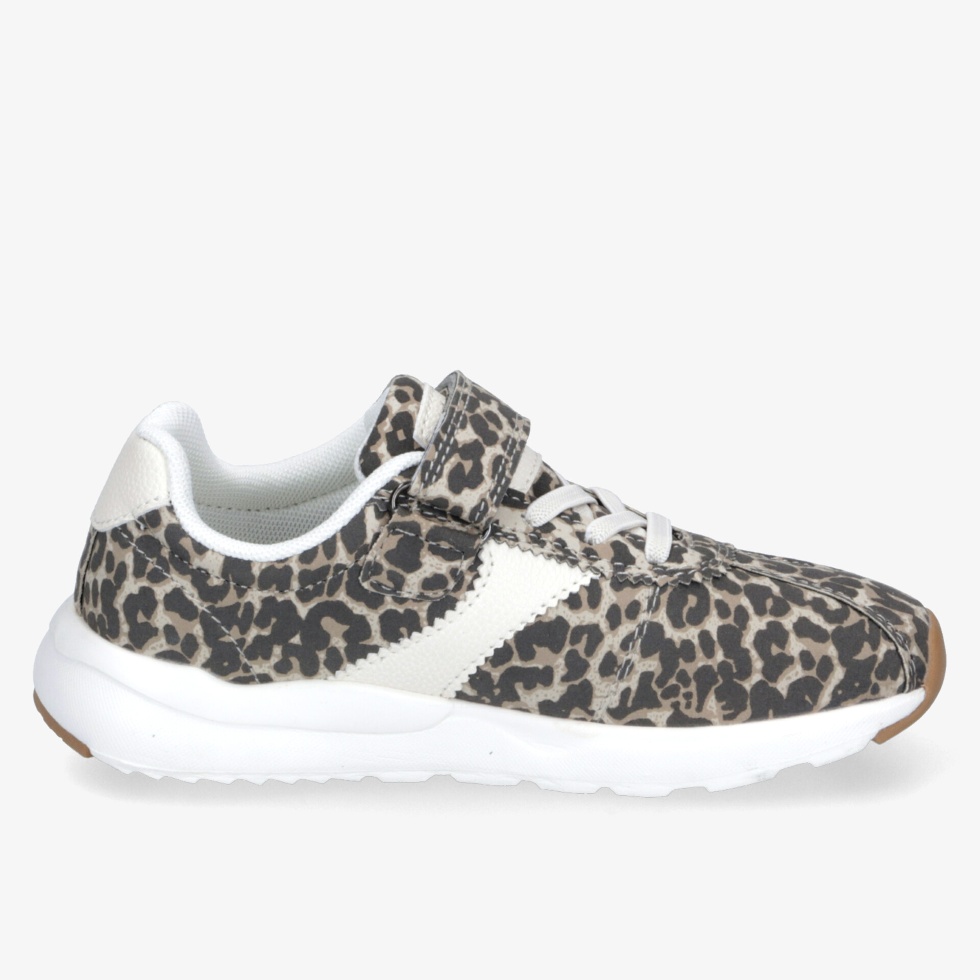 Leichter sportlicher Sneaker mit Leopardenmuster, gepolstert und flexiblem Sohlenprofil, seitliche Ansicht