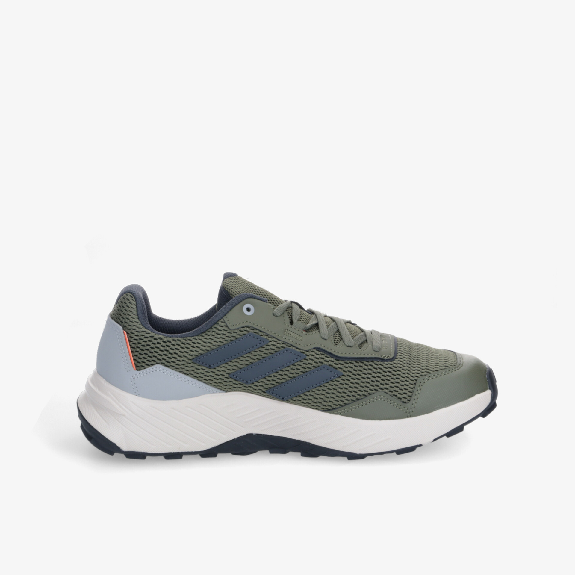 Moderner sportlicher Schuh in Olivgrün mit weißer Sohle, seitliche Ansicht, atmungsaktiv und leicht