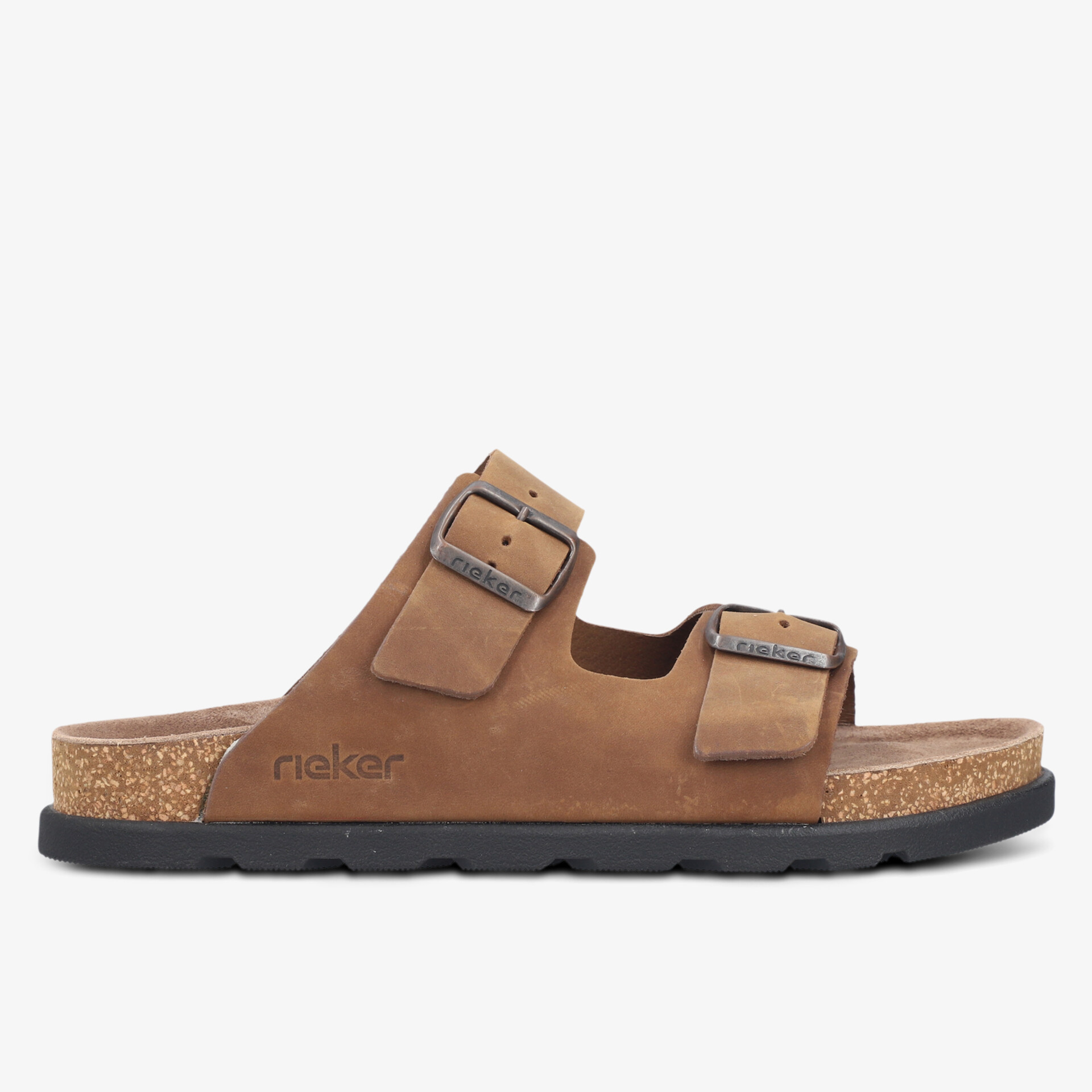 Seitliche Ansicht einer braunen Sandale mit verstellbaren Schnallen und komfortabler Korksohle