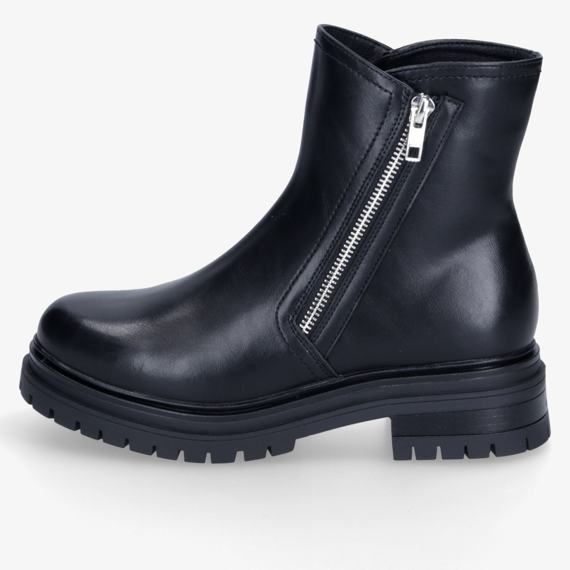 Elegante schwarze Lederboots mit seitlichem Reißverschluss und robuster Sohle für modernen Look.