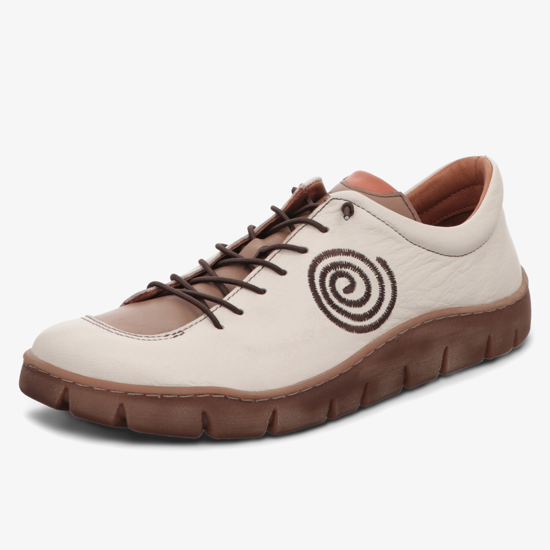 Bequemer und flexibler Freizeitschuh aus weichem Leder mit brauner Sohle und dekorativem Spiralmuster