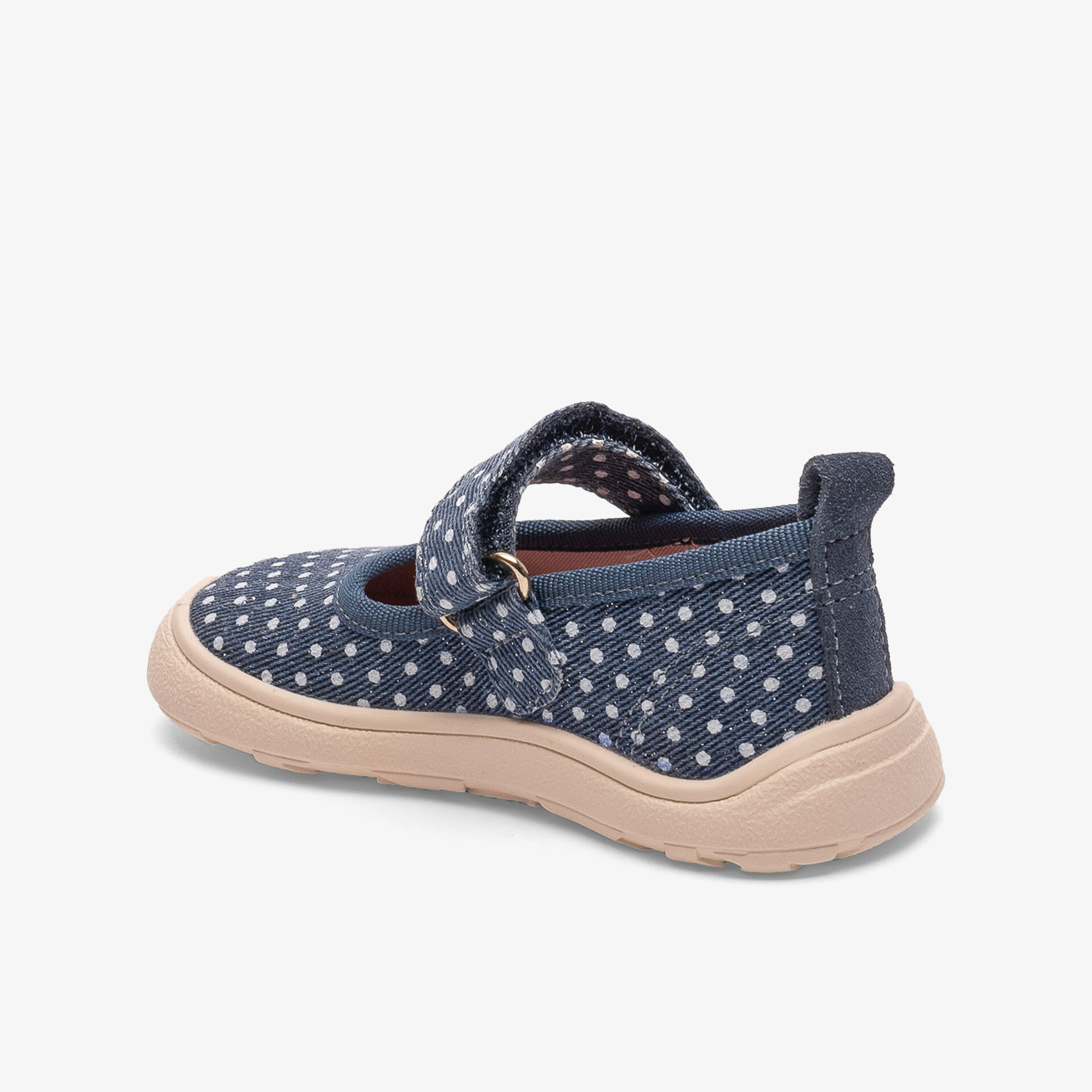 Seitenansicht eines leichten blauen Freizeitschuhs mit atmungsaktivem Obermaterial und verstellbarem Klettverschluss