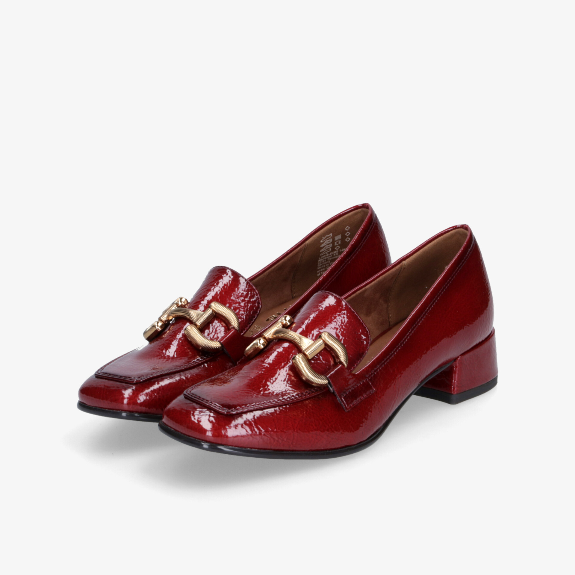 Elegante rote Loafer aus glänzendem Leder mit goldener Schmuckverzierung und mittlerem Absatz