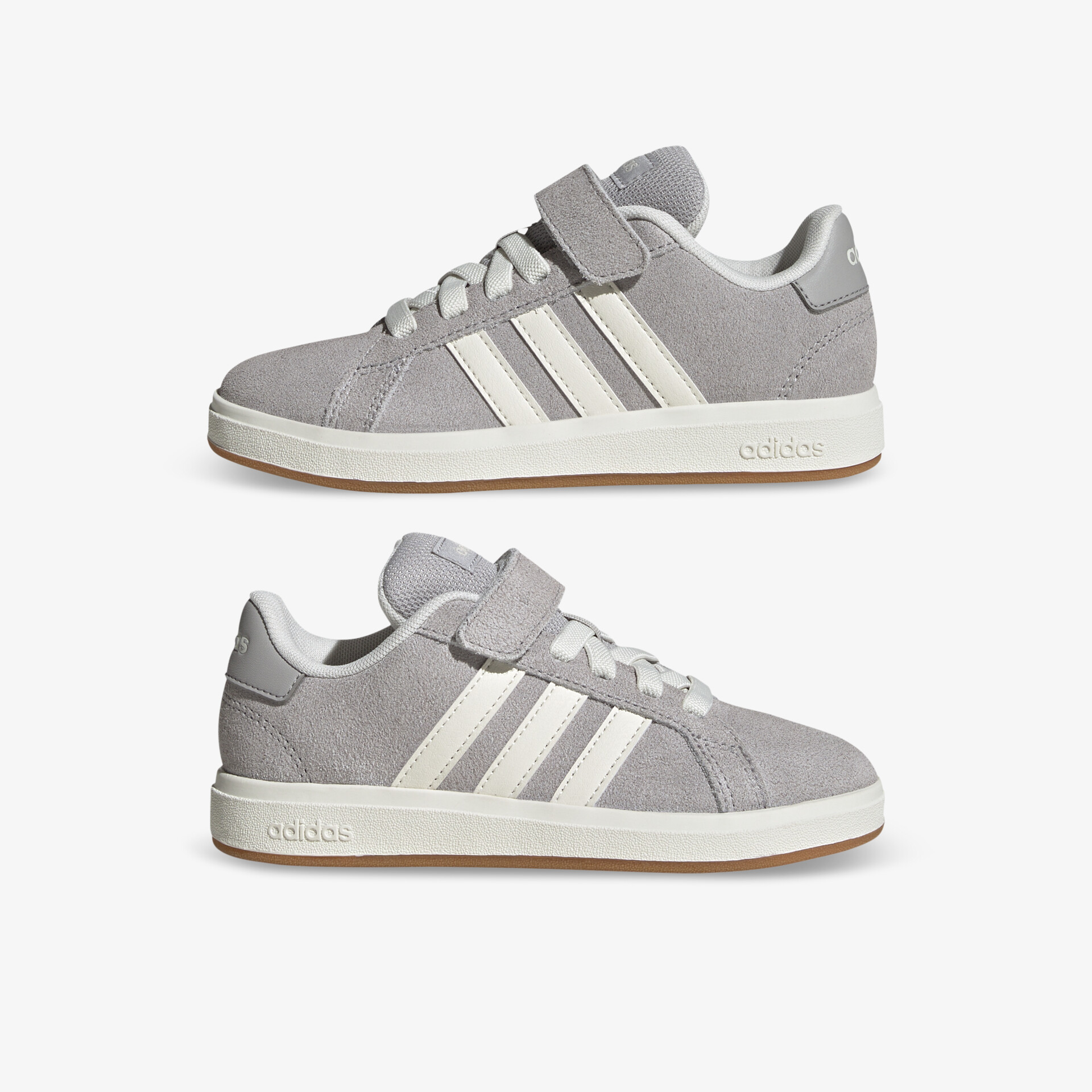 Graue Sneaker mit weißen Streifen, kombinierter Schnürsenkel- und Klettverschluss für besten Halt und Komfort