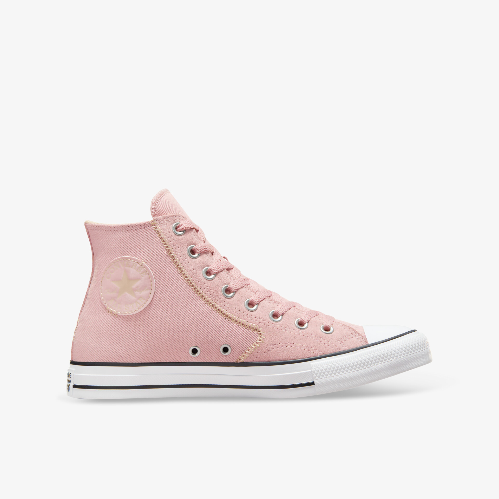 Seitliche Ansicht eines pinkfarbenen High-Top-Sneakers mit robuster Schnürung und leichter, flexibler Sohle
