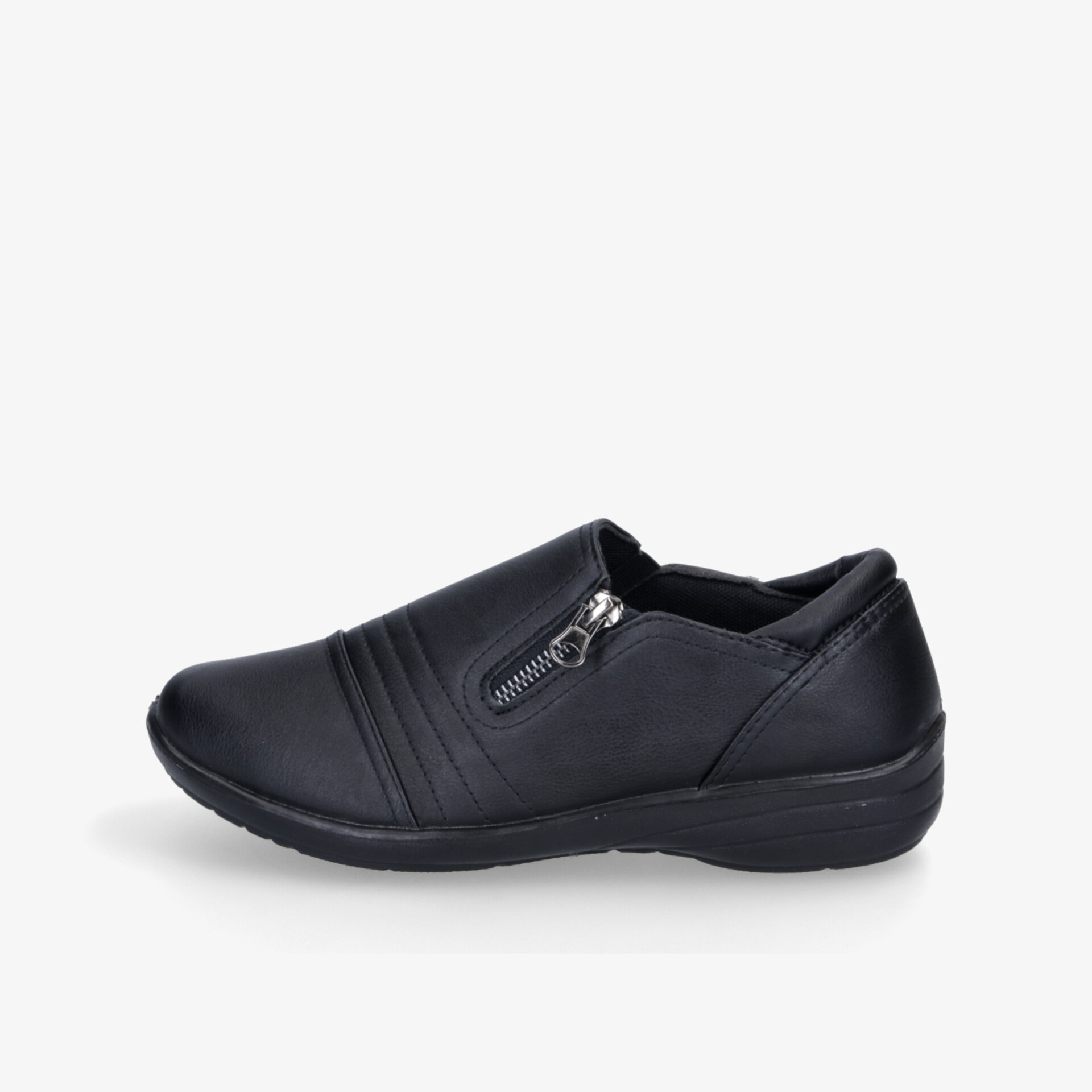 Bequemer schwarzer Schuh mit Reißverschluss, leichter Slip-On Design und rutschfester Sohle für Alltag und Komfort