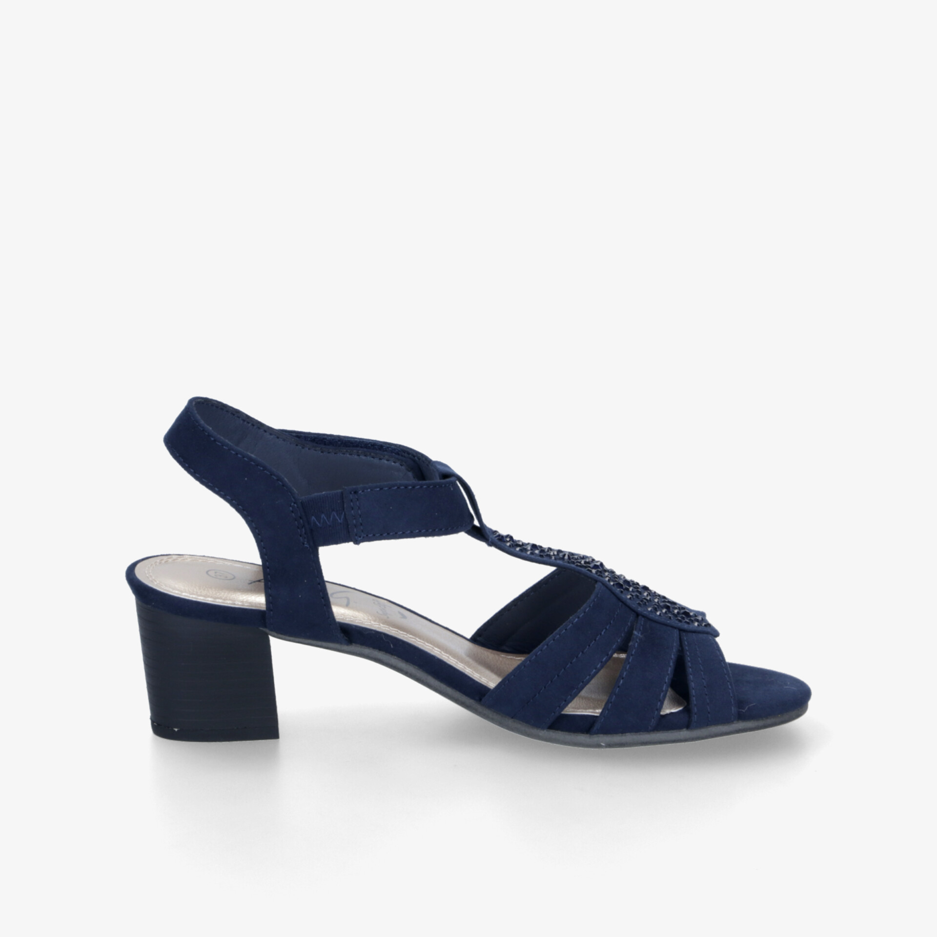 Elegante blaue Sandale mit mittelhohem Blockabsatz, verstellbarem Riemen und komfortablem Design seitlich fotografiert