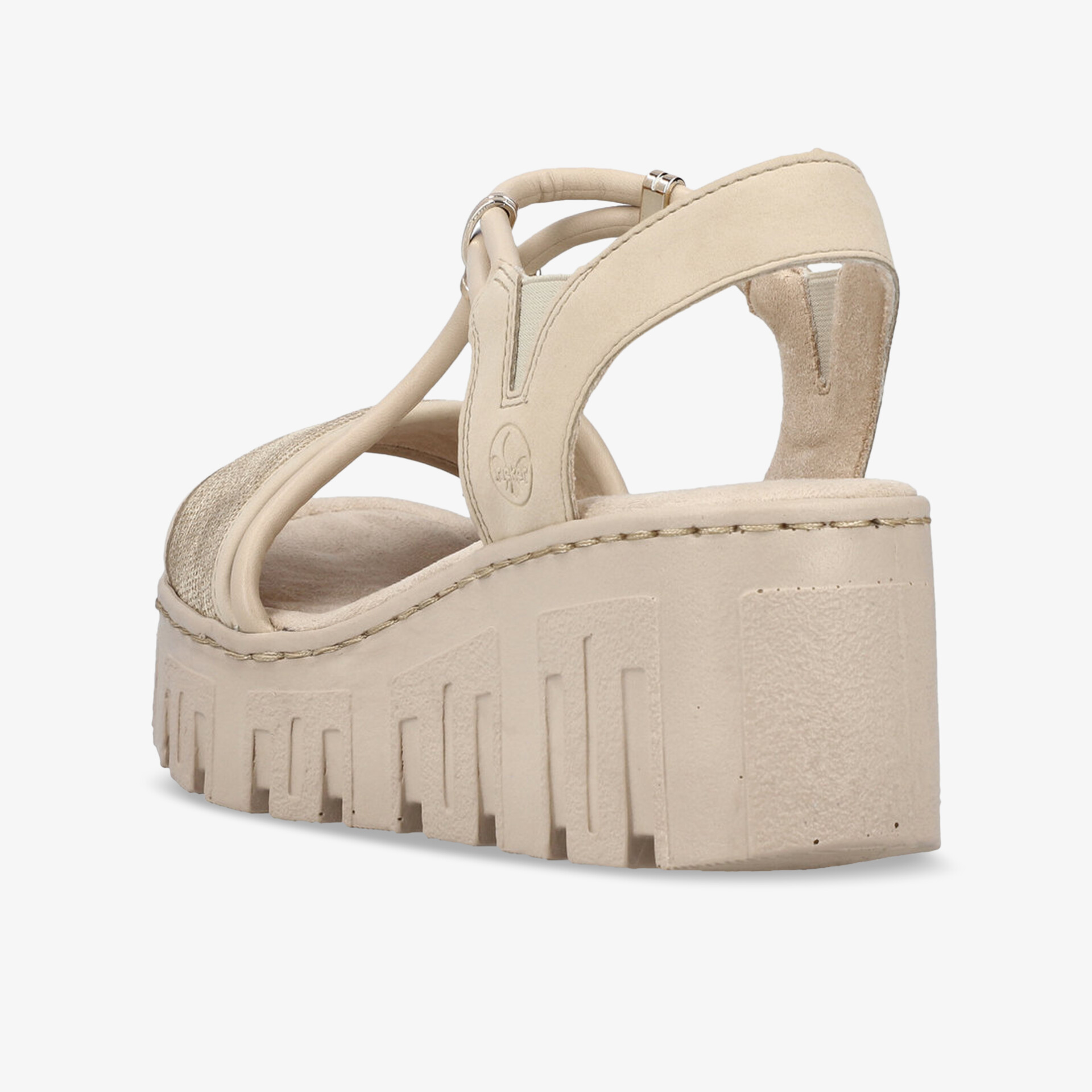 Bequeme beige Sandale mit stabilem Keilabsatz und rutschfester Sohle seitlich fotografiert