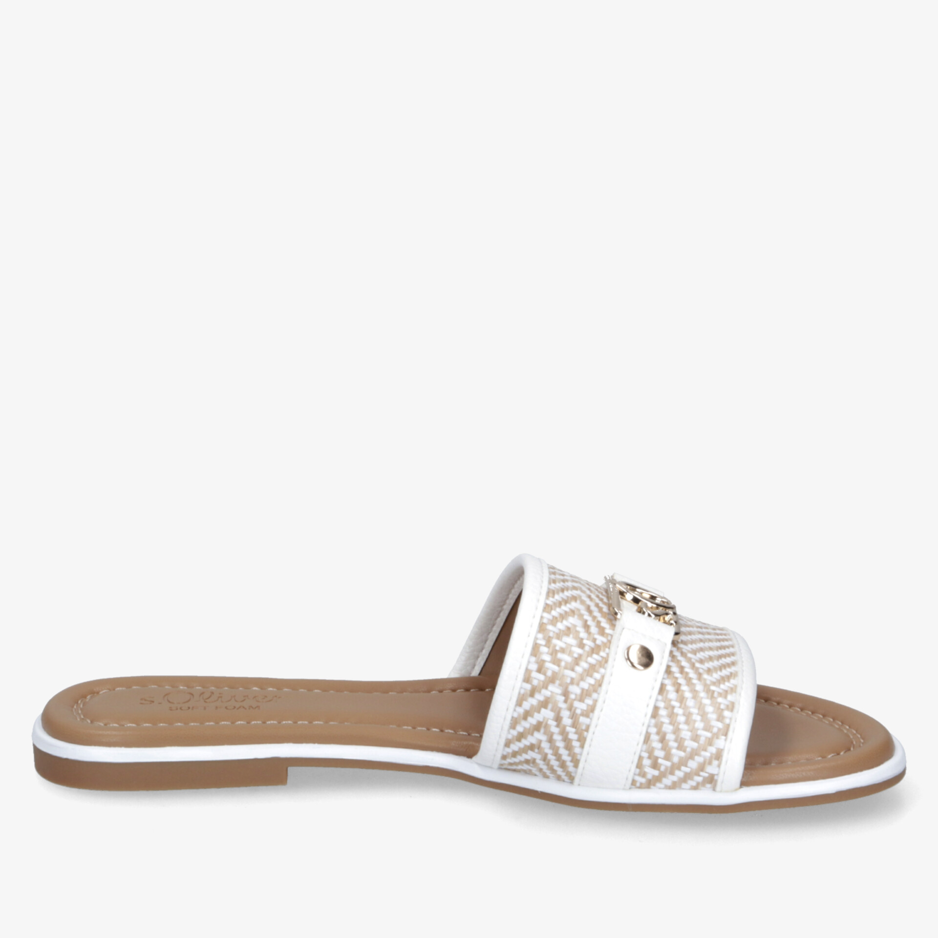 Leichte weiße und braune Slides Sandale mit offenem, komfortablem Design und flacher Sohle für angenehmen Tragekomfort