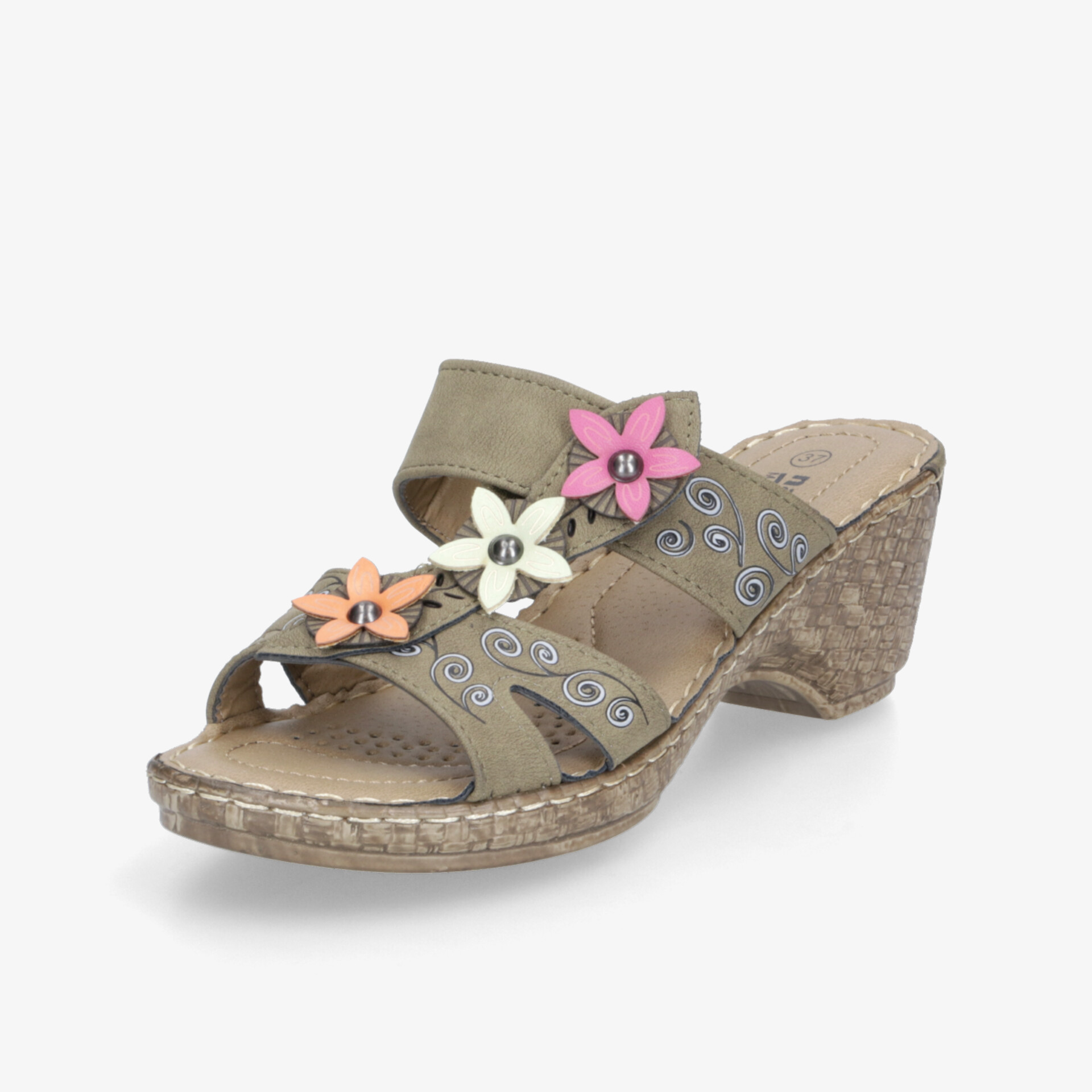 Bequeme Pantoletten mit auffälligen Blumenverzierungen und stabilem Keilabsatz in natürlichem Beige