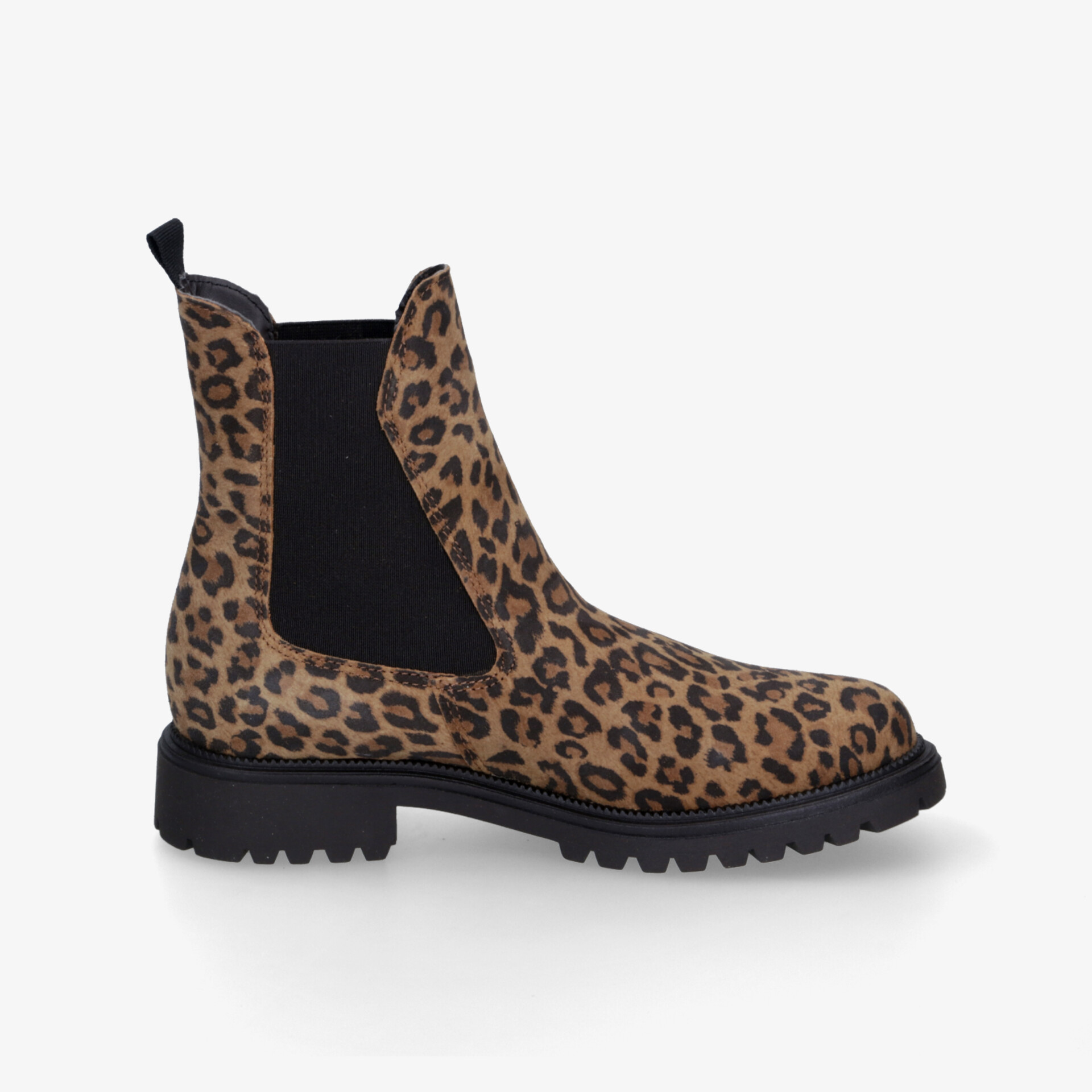 Seitliche Ansicht eines modischen Chelsea Boots mit Leopardmuster und robuster Profilsohle für optimalen Komfort
