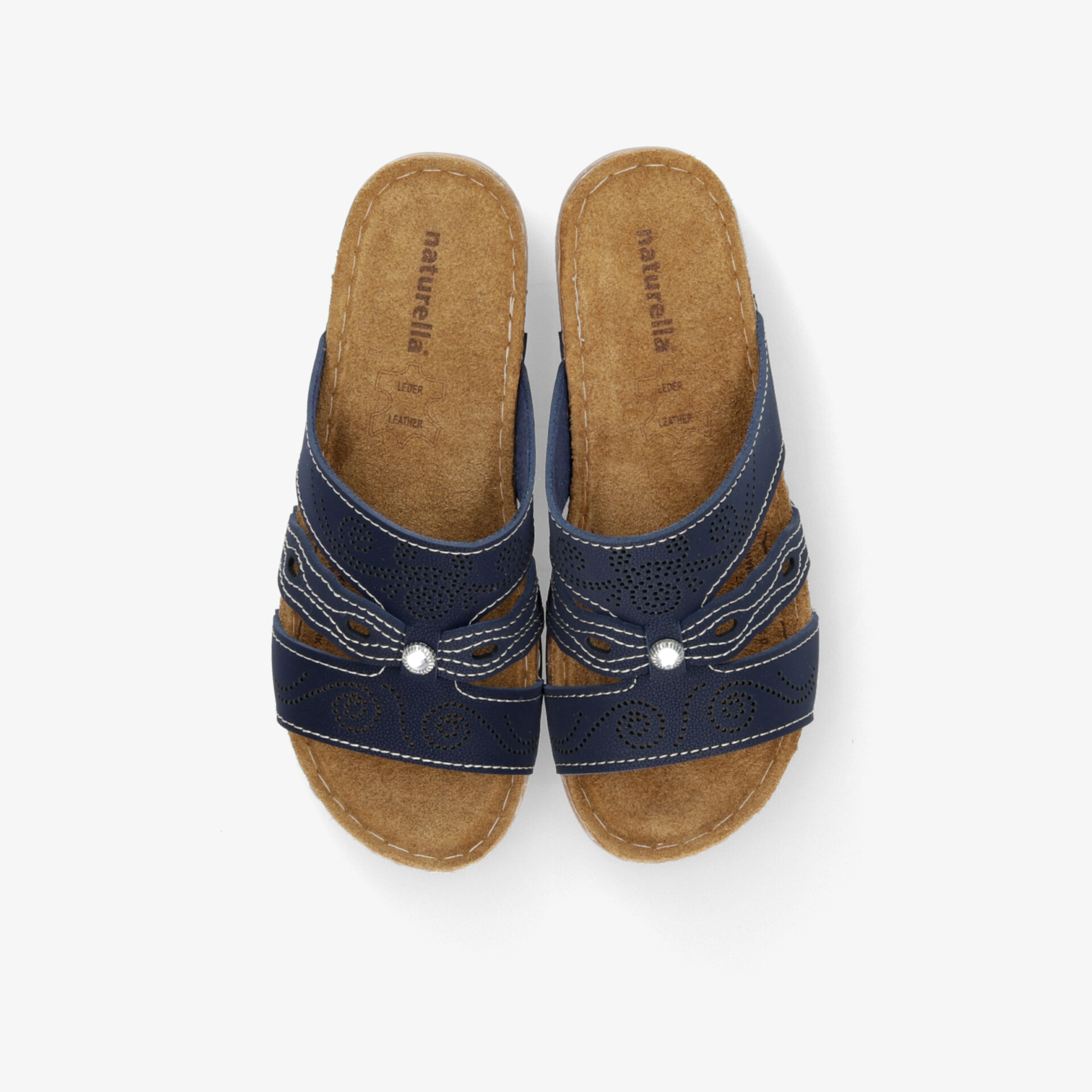 Bequeme blaue Pantolette mit weicher Innensohle und modischer Verzierung, ideal für angenehmes Tragegefühl