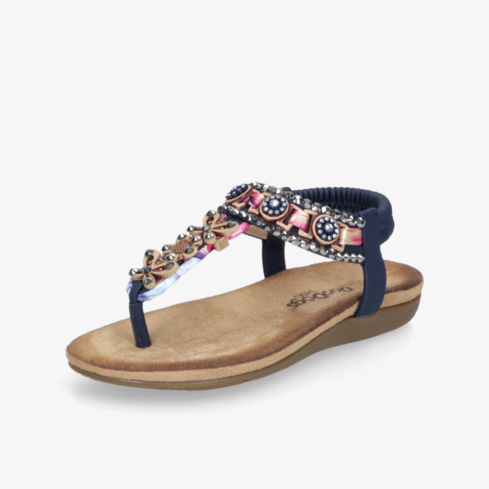 Bequeme blaue Sandale mit glitzernden Strasssteinen und flacher, gepolsterter Sohle für sommerlichen Komfort