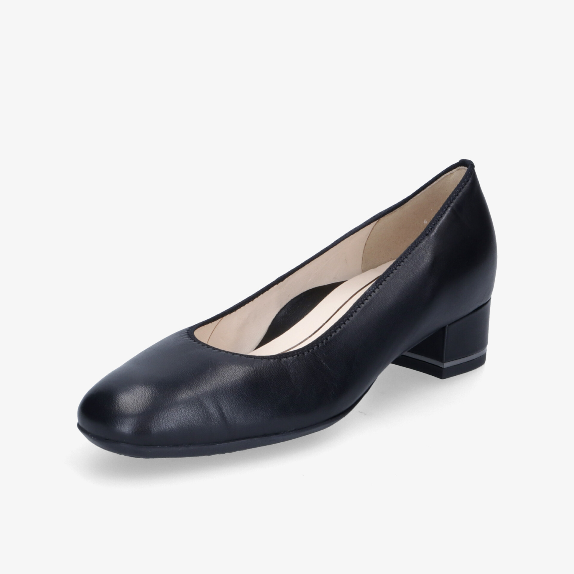 Eleganter schwarzer Pumps mit bequemem Blockabsatz und klassischem Design für vielseitige Anlässe.