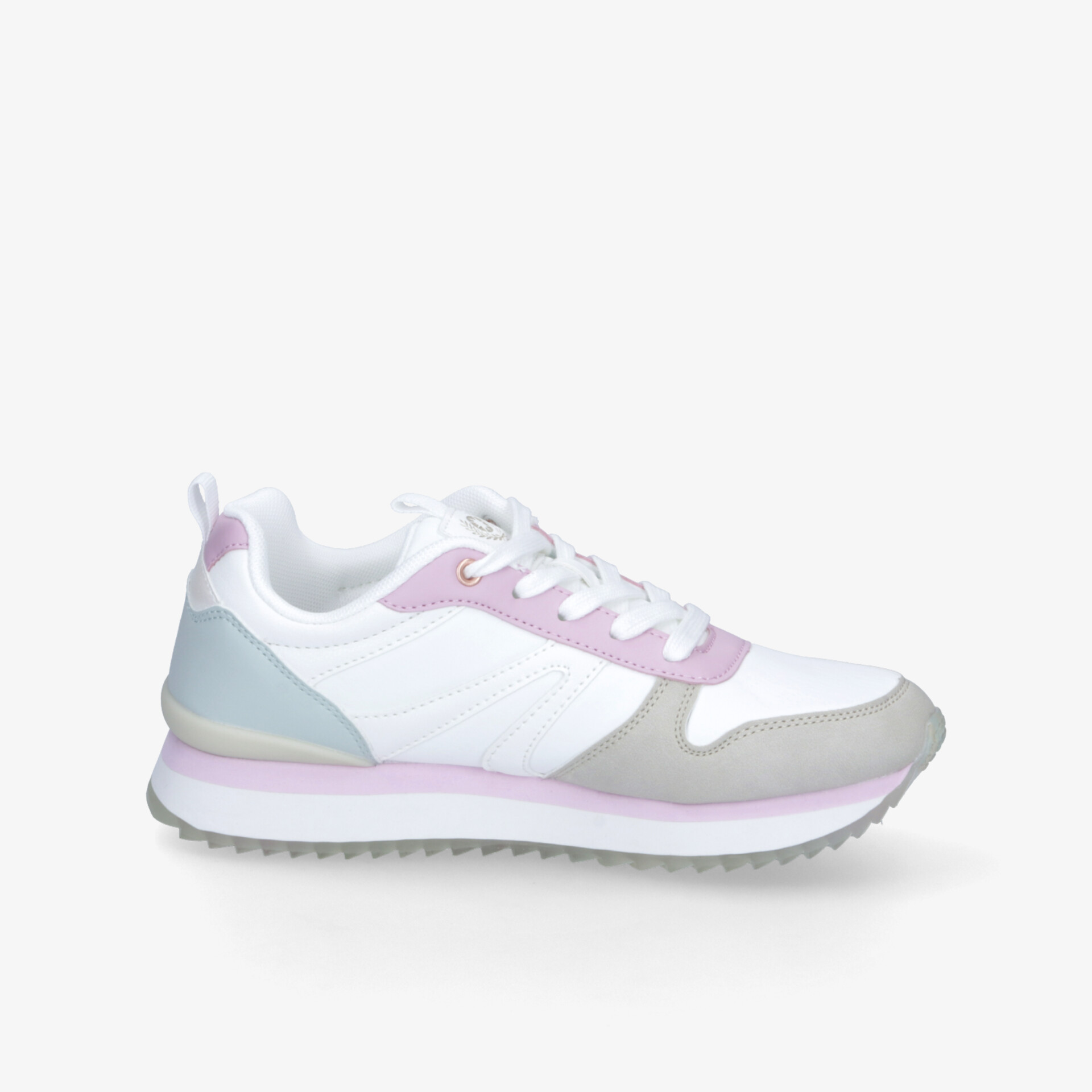 Moderner sportlicher Sneaker in Weiß mit zarten Lila- und Grautönen, seitliche Ansicht, hochwertig und bequem