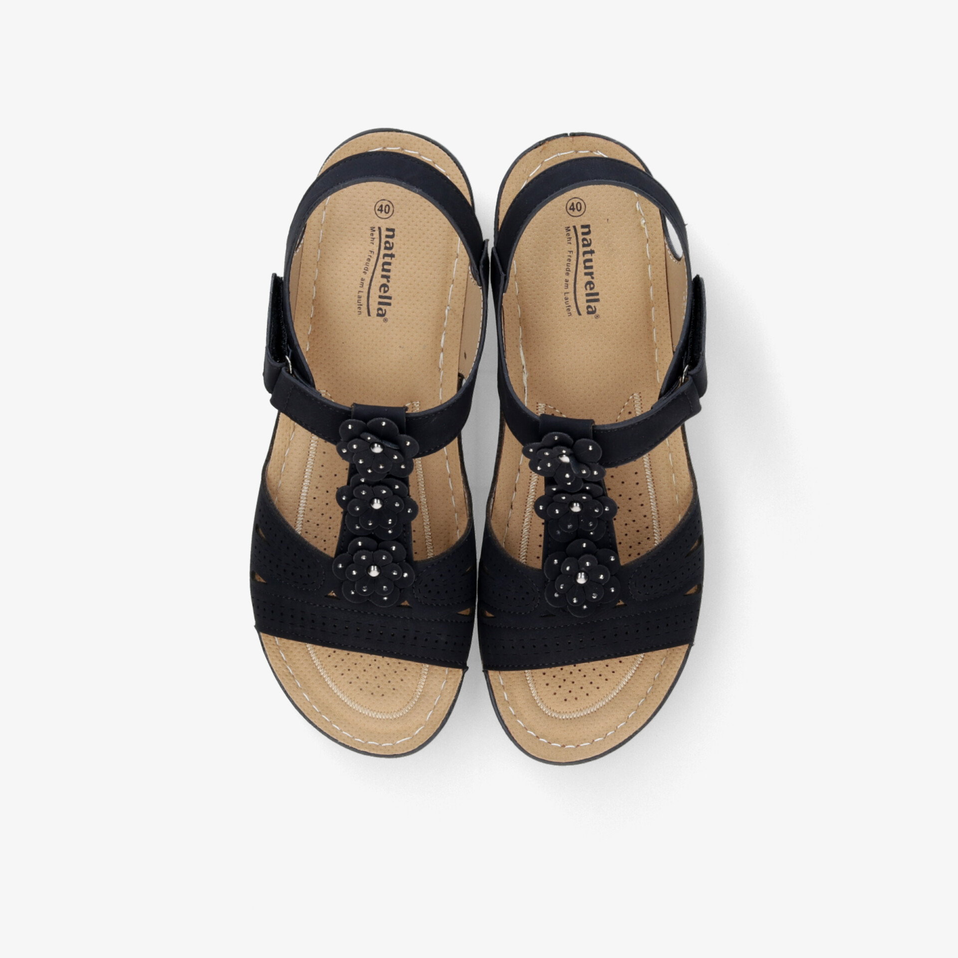 Bequeme schwarze Sandalen mit verstellbarem Riemen und gepolsterter Innensohle in Draufsicht