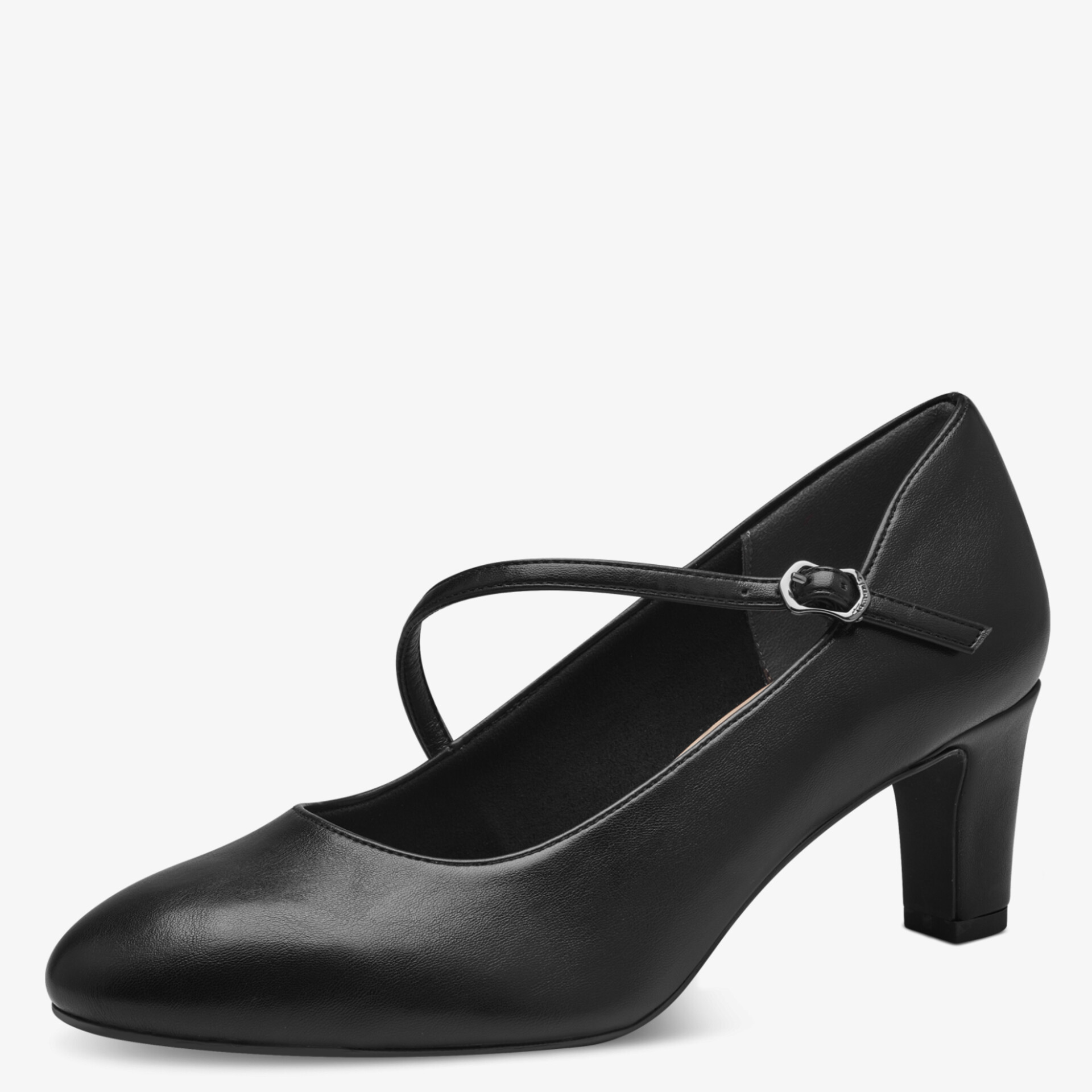 Eleganter schwarzer Pumps aus Leder mit mittelhohem Absatz und verstellbarem Riemchen für hohen Tragekomfort