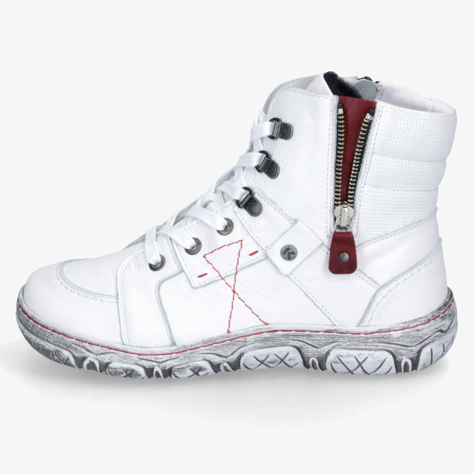 Weißer Lederstiefel mit robustem Reißverschluss und strapazierfähiger Schnürung, profilierte rutschfeste Sohle