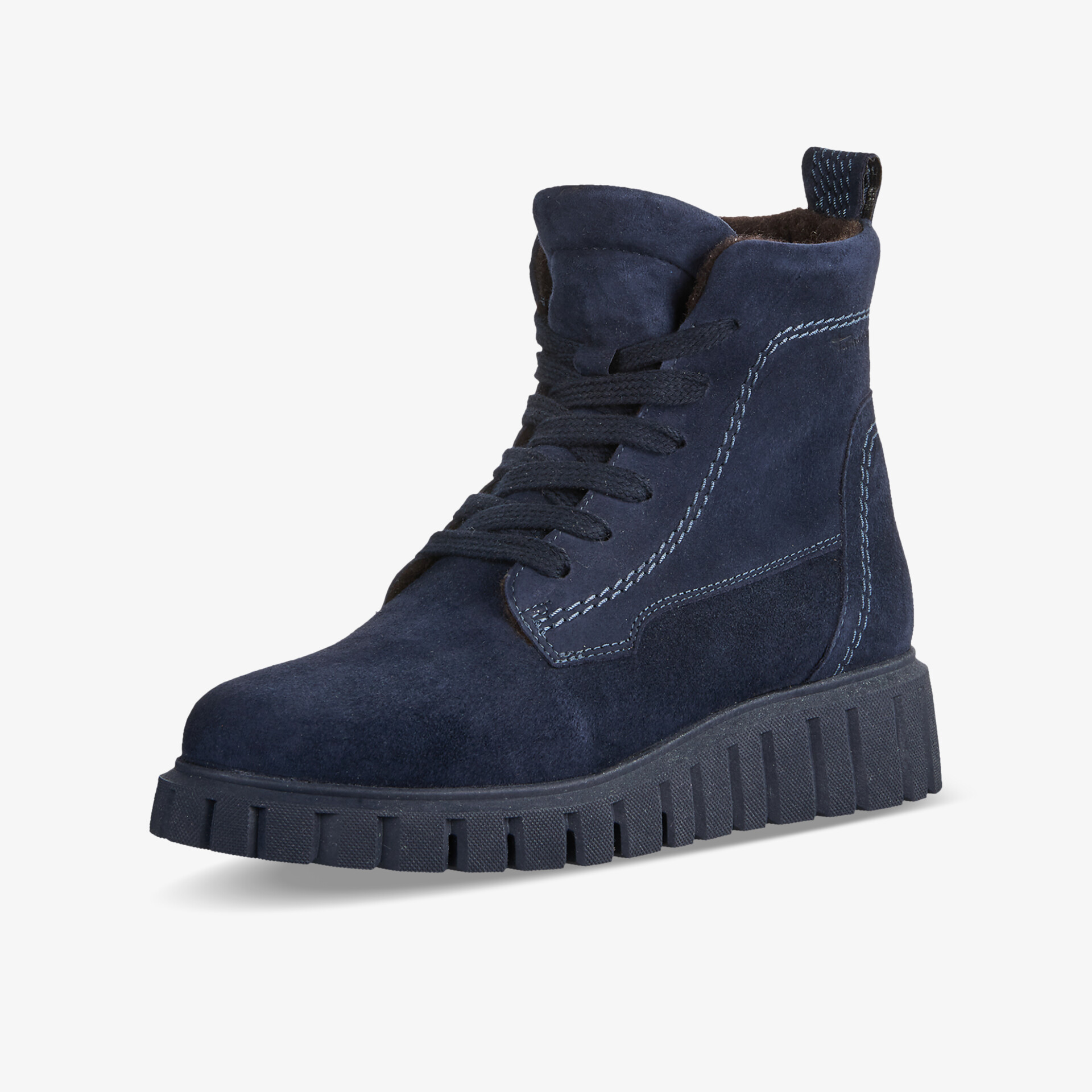 Robuster navyblauer Winterstiefel mit dicker profilierter Sohle und warmem Innenfutter für komfortablen Halt