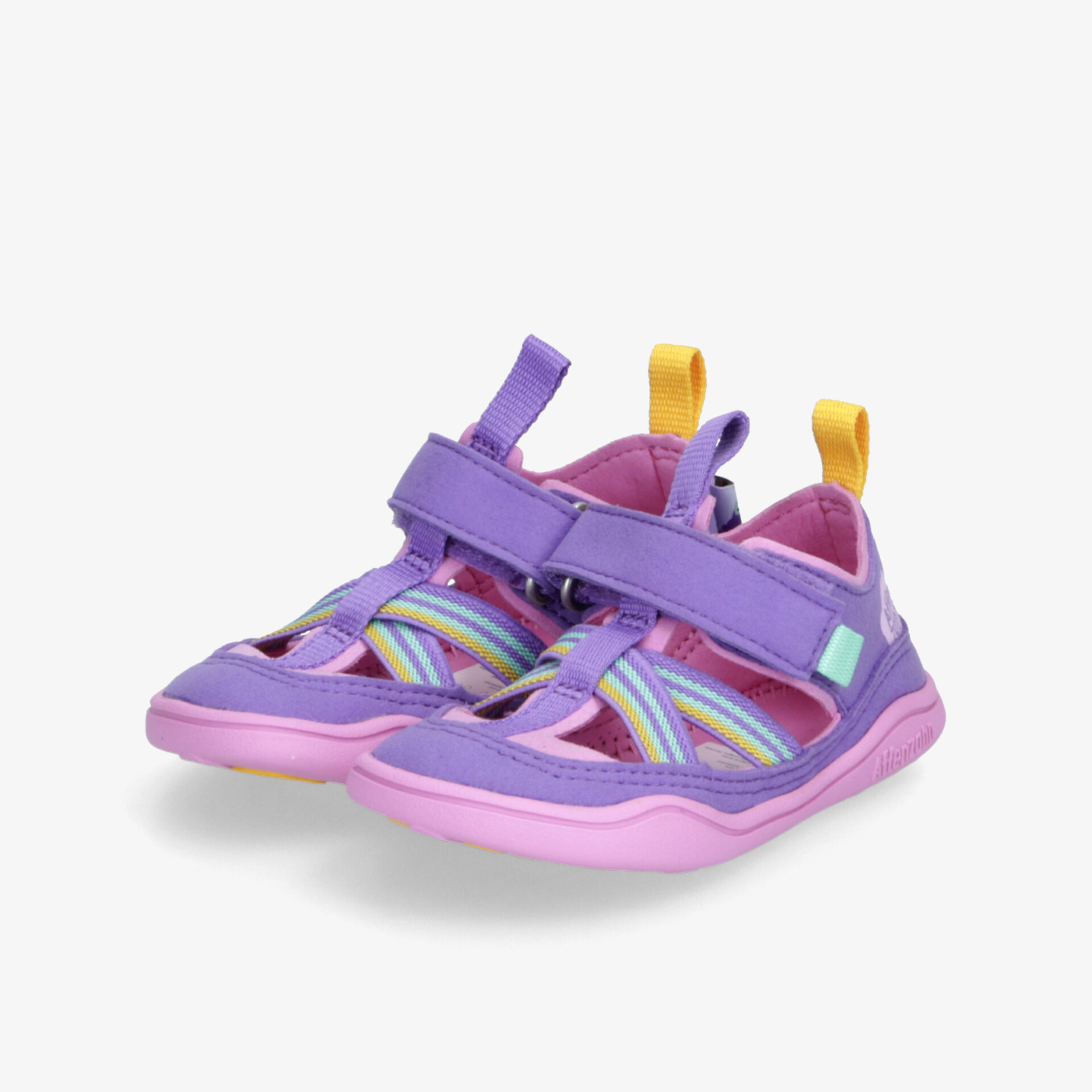 Lila Sandalen mit Regenbogen-Akzenten und praktischem Klettverschluss. Perfekte Passform für Freizeit und Spiel.