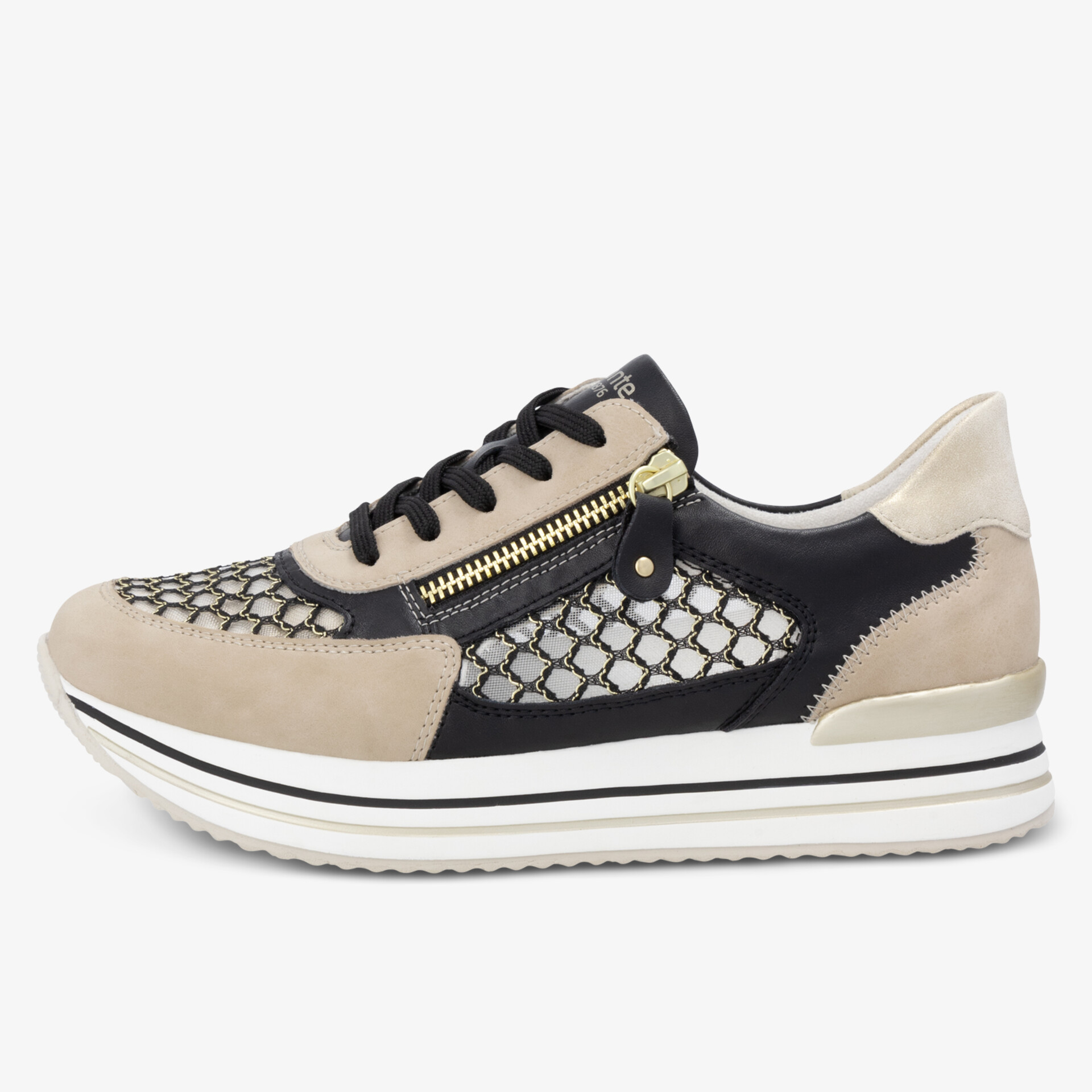 Bequemer Sneaker mit seitlichem Reißverschluss und modischem Muster in Beige und Schwarz
