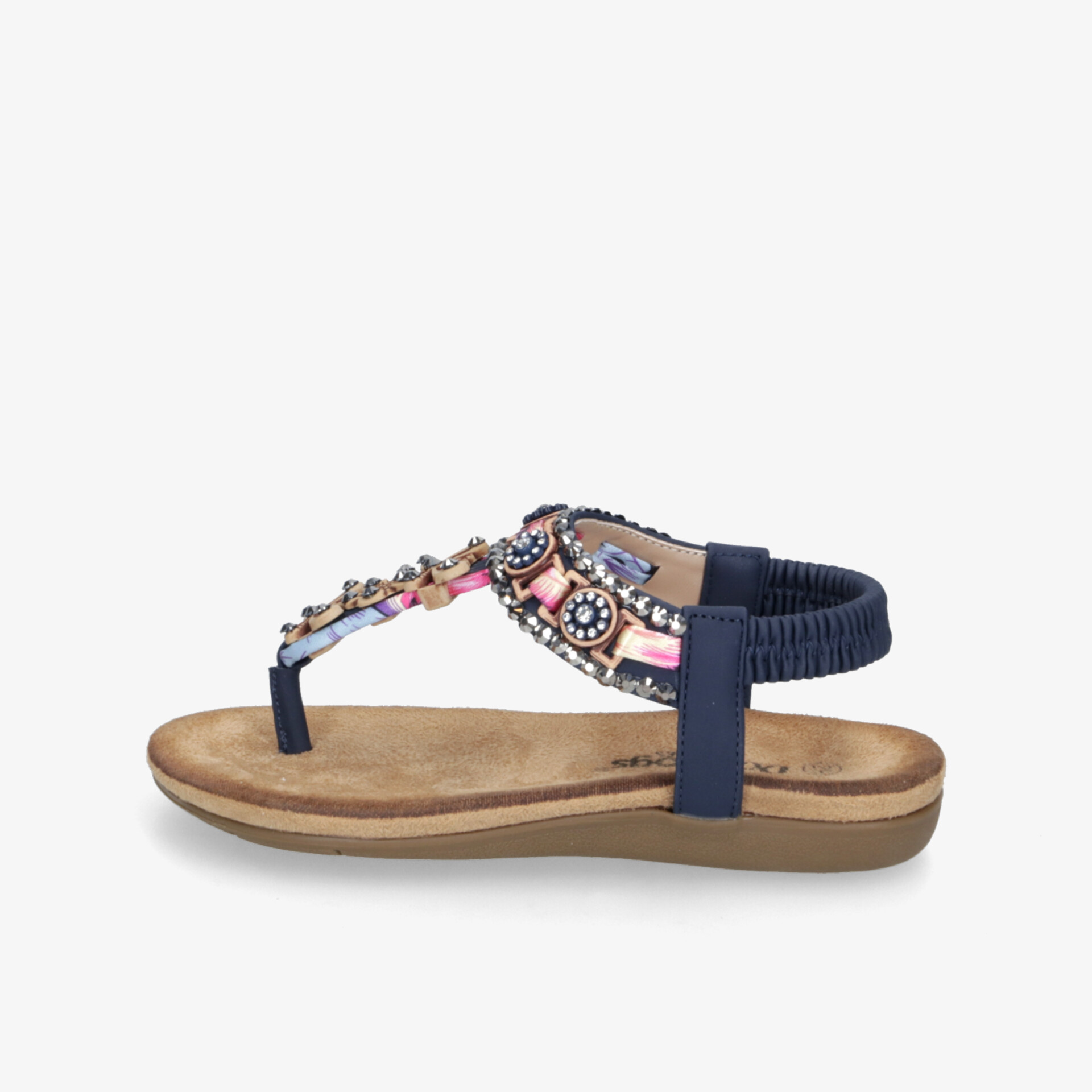 Bequeme blaue Sandale mit elastischem Riemen und modischen Ornamenten, weiches Fußbett für ganztägigen Tragekomfort