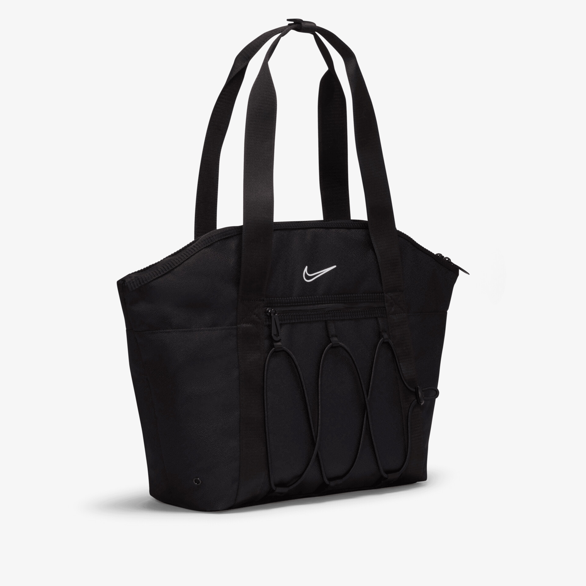 Schwarze Nike-Tasche mit doppeltem Griff, ideal für Alltag und Reisen. Modernes Design mit geräumigem Inneren.
