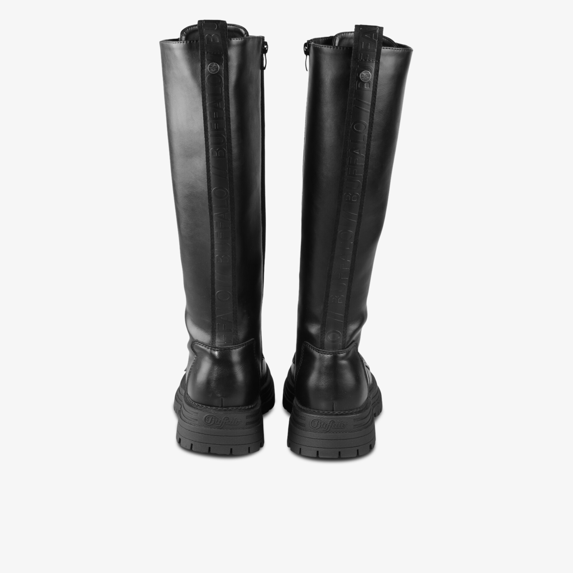 Robuste Stiefel mit hohem Schaft und profilierter Sohle, gezeigt von hinten für klare Rückansicht
