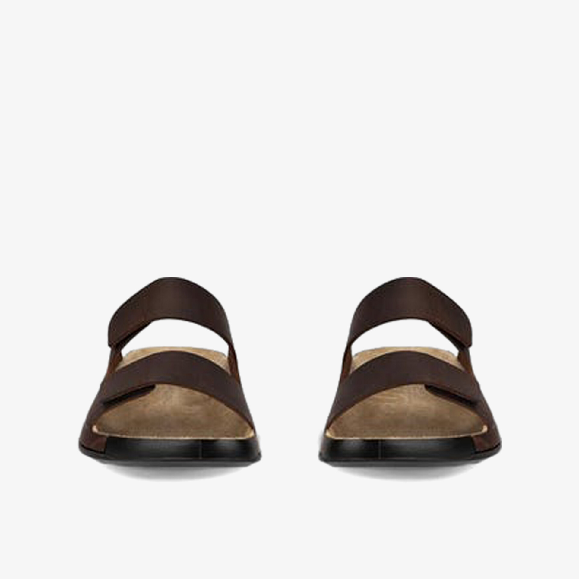 Braune Sandalen aus Leder mit zwei breiten Riemen, offene Zehen, bequem und strapazierfähig, klare Frontansicht als Paar