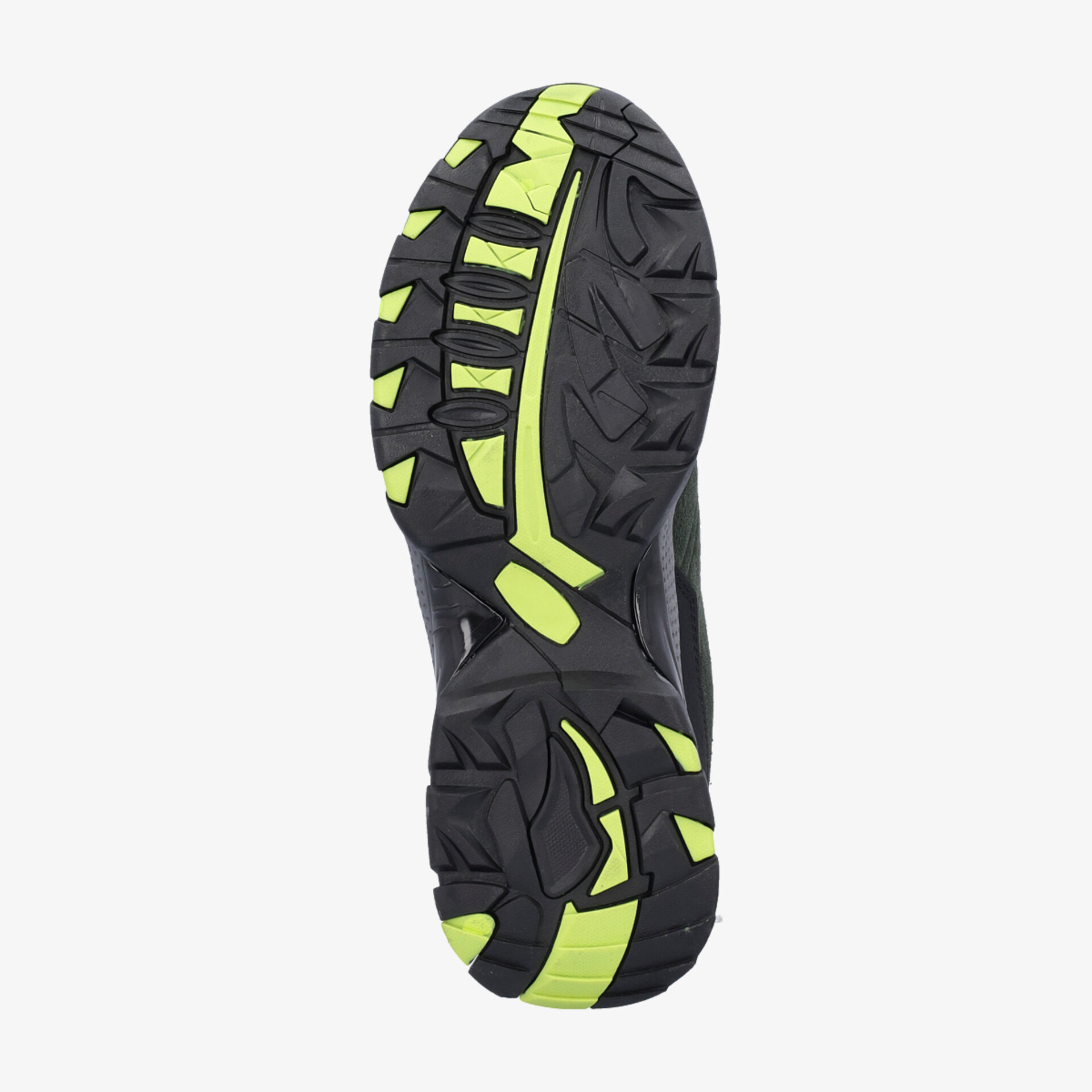 Strapazierfähige schwarze und grüne Schuhsohle mit ausgeprägtem Profil für optimalen Halt auf unebenem Gelände.