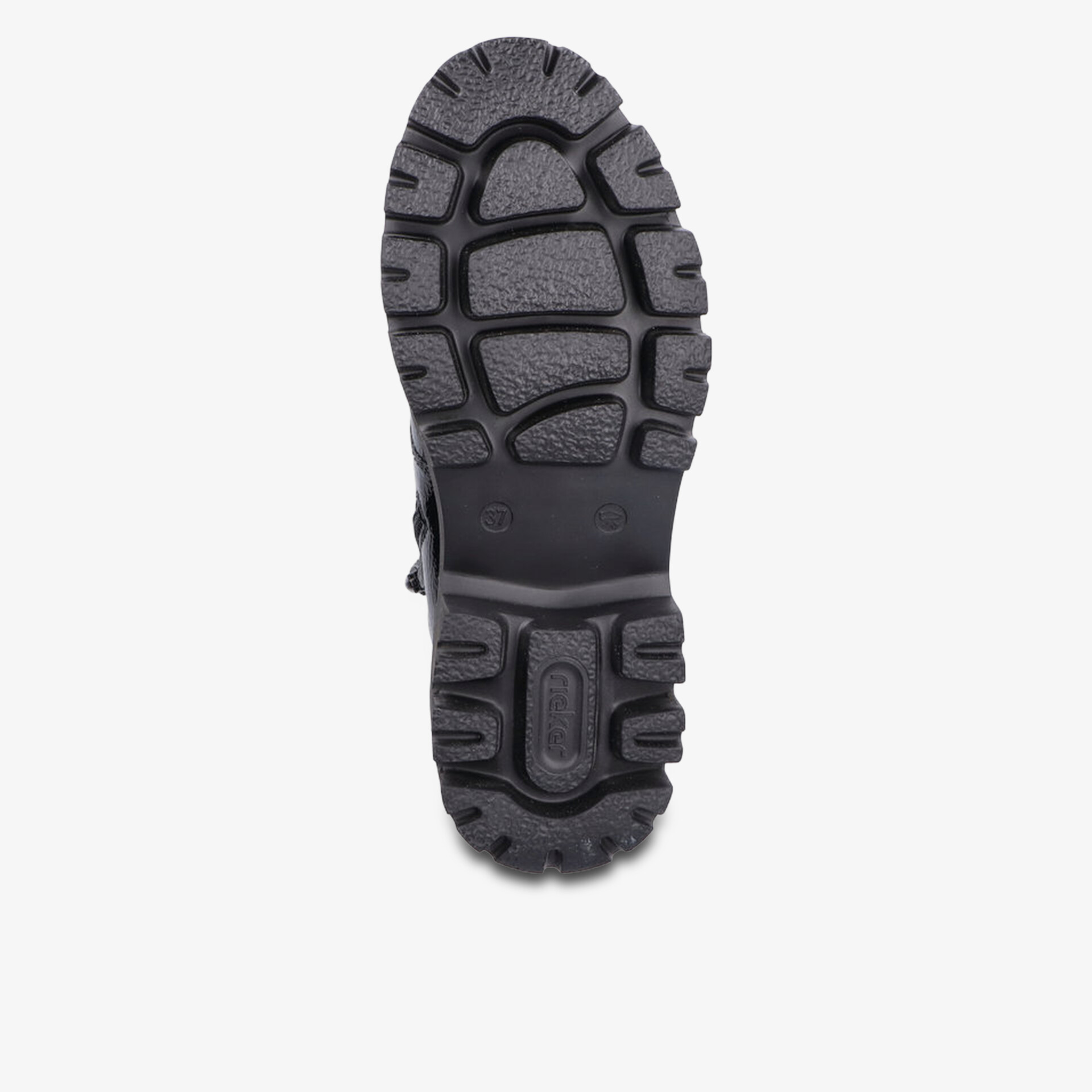 Robuste schwarze Schuhsohle mit tiefem, rutschfestem Profil für sicheren Halt und hohe Strapazierfähigkeit